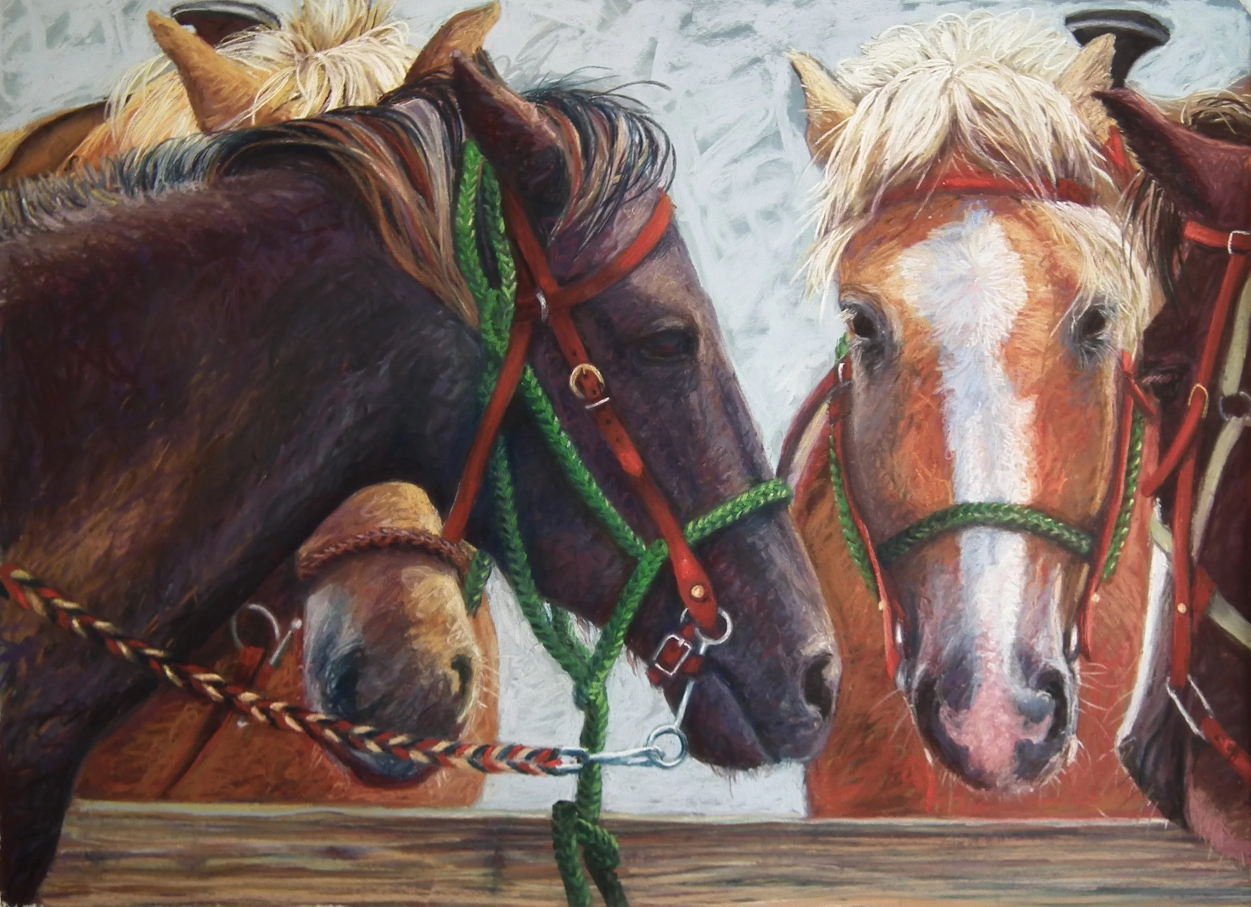 Painting of two horses with bridles, standing side by side, with a wooden surface below, and a light background.
