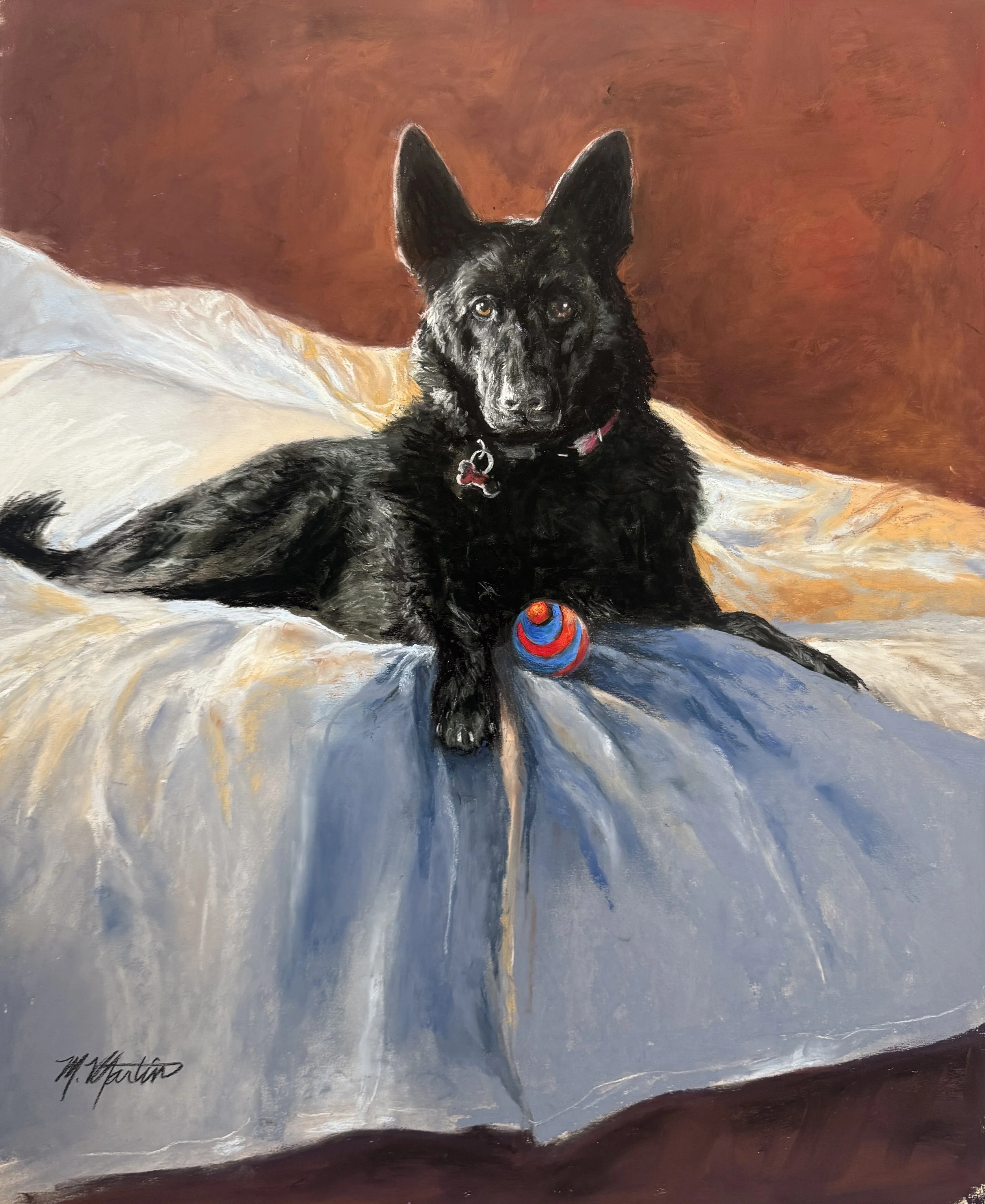Painting of a black dog lying on a bed with a colorful toy ball in front of it, against a brown background.