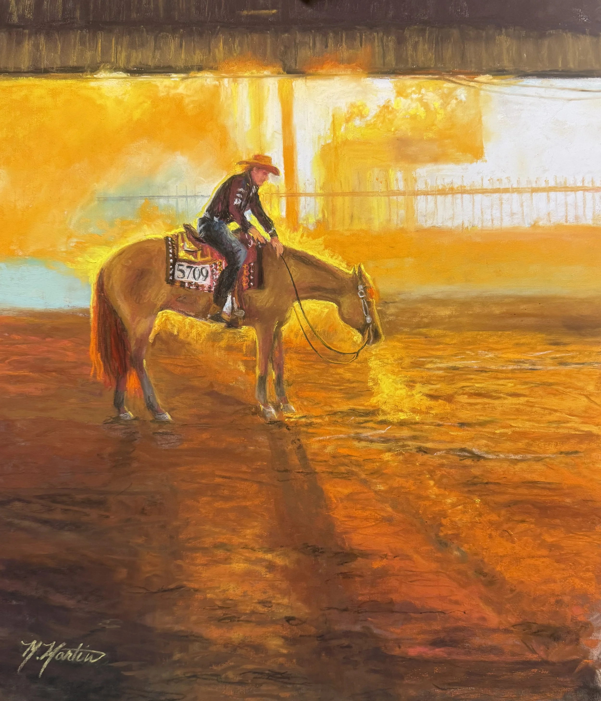 A painting of a cowboy riding a horse in a fiery, glowing environment, with bright orange and yellow tones dominating the background.