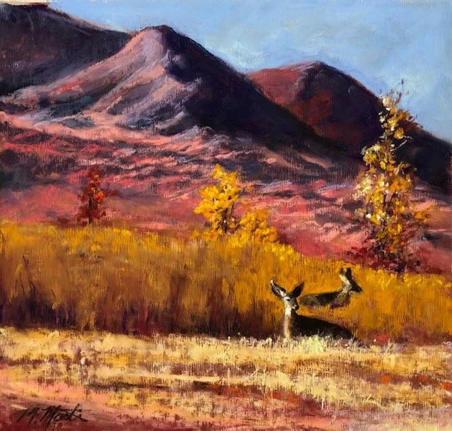 A painting of a mountain landscape with three autumn trees, two deer in the foreground, and a colorful sky.