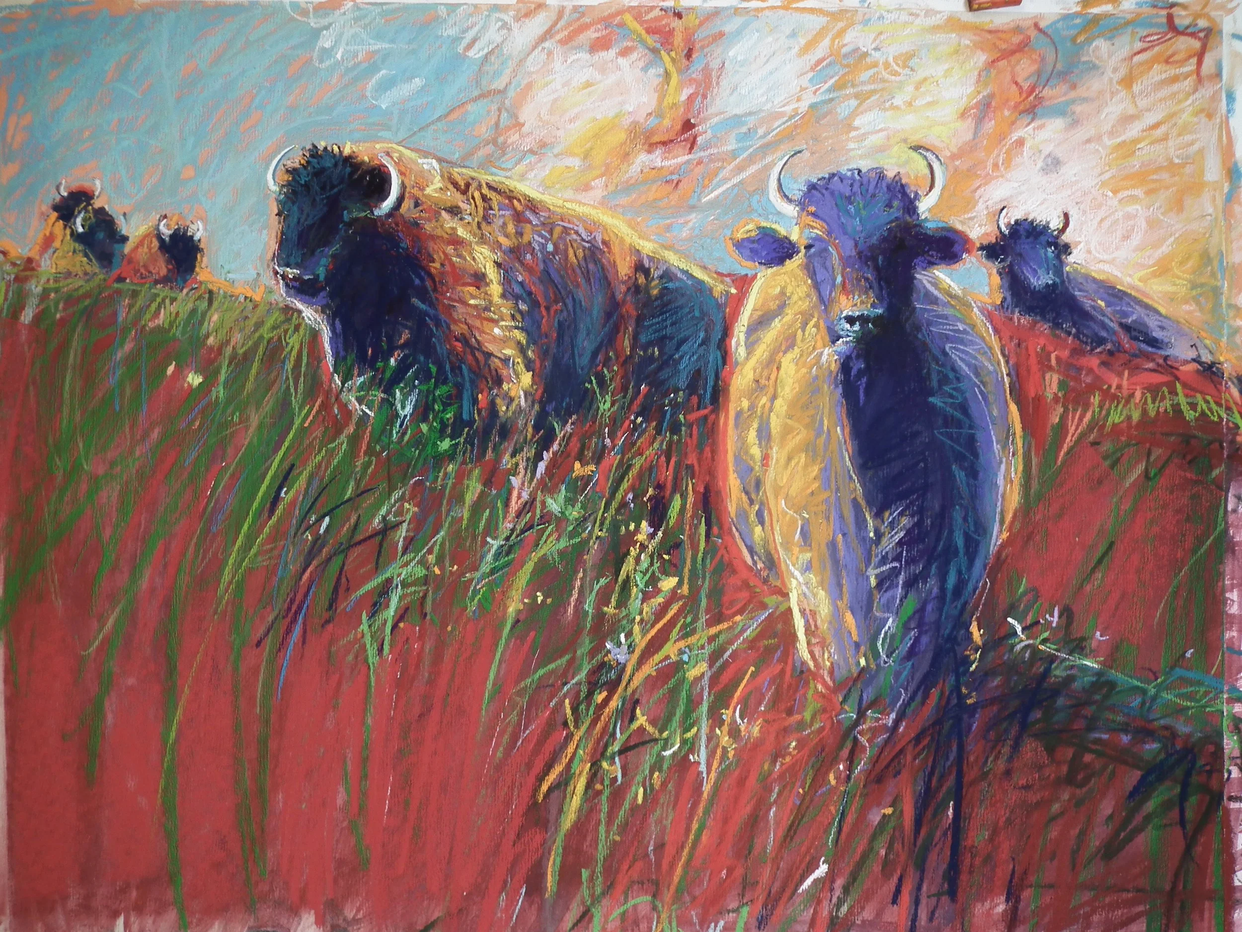 Colorful painting of a herd of bison in tall grass with a vibrant sky in the background.