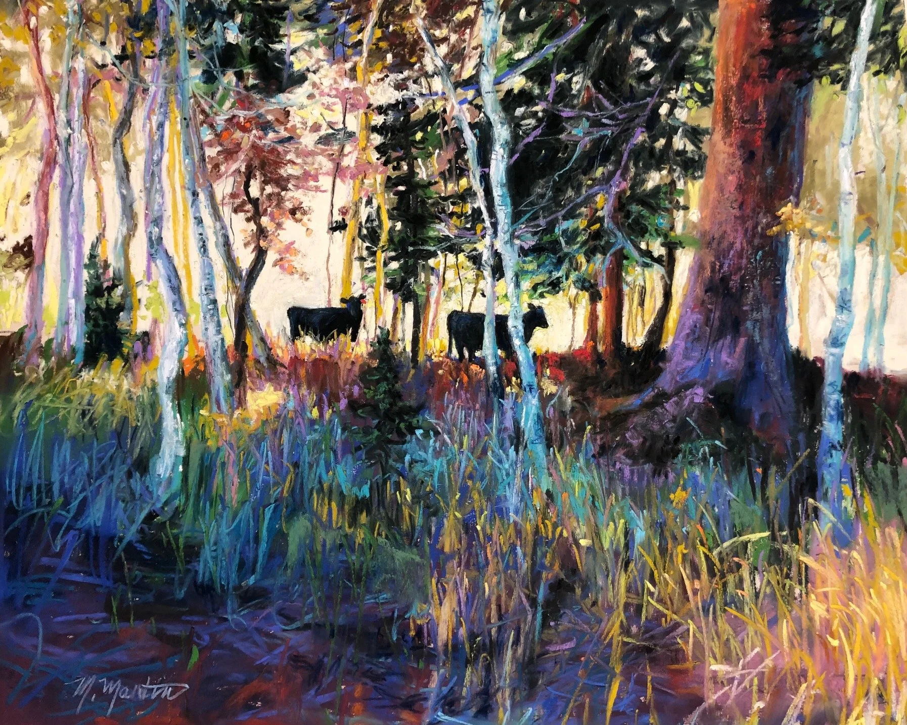 An impressionist painting of a forest scene with tall trees with white, blue, and gray bark, lush green and purple foliage, and a group of black cows standing among the trees and grass.