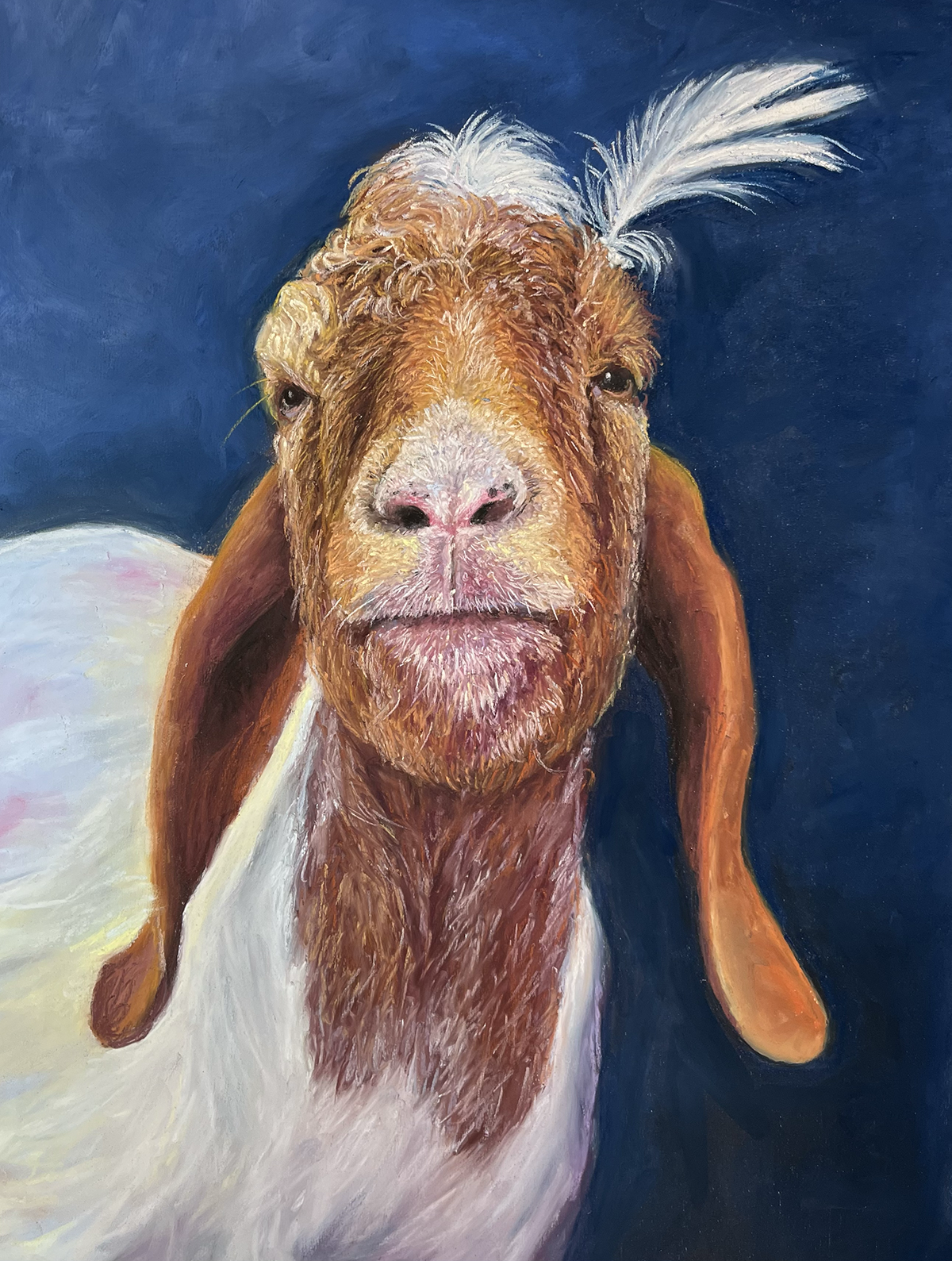 A painting of a goat with a white feather on its head, set against a dark blue background.