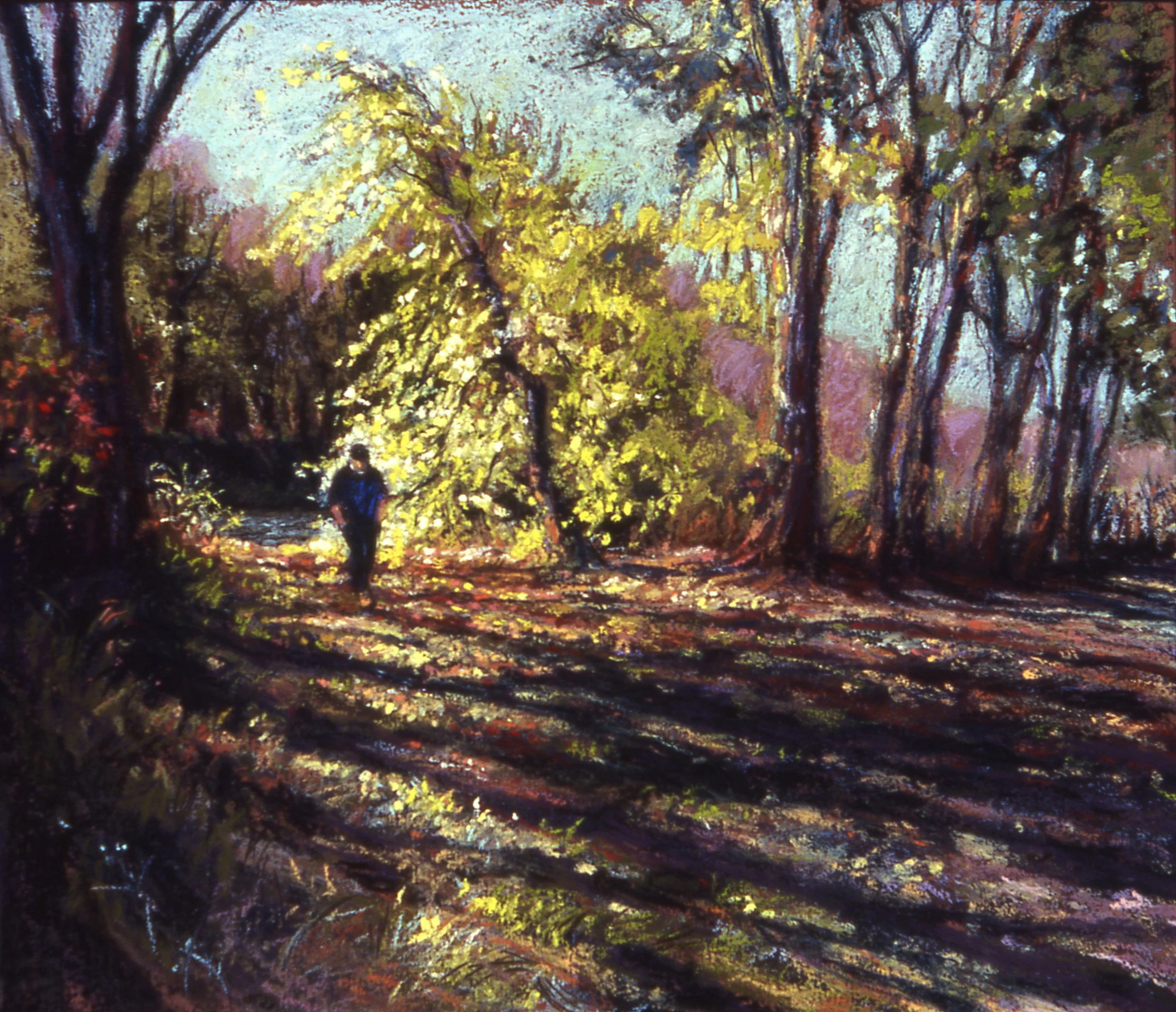 A colorful painting of a person walking through a forest with trees and sunlight filtering through the leaves.