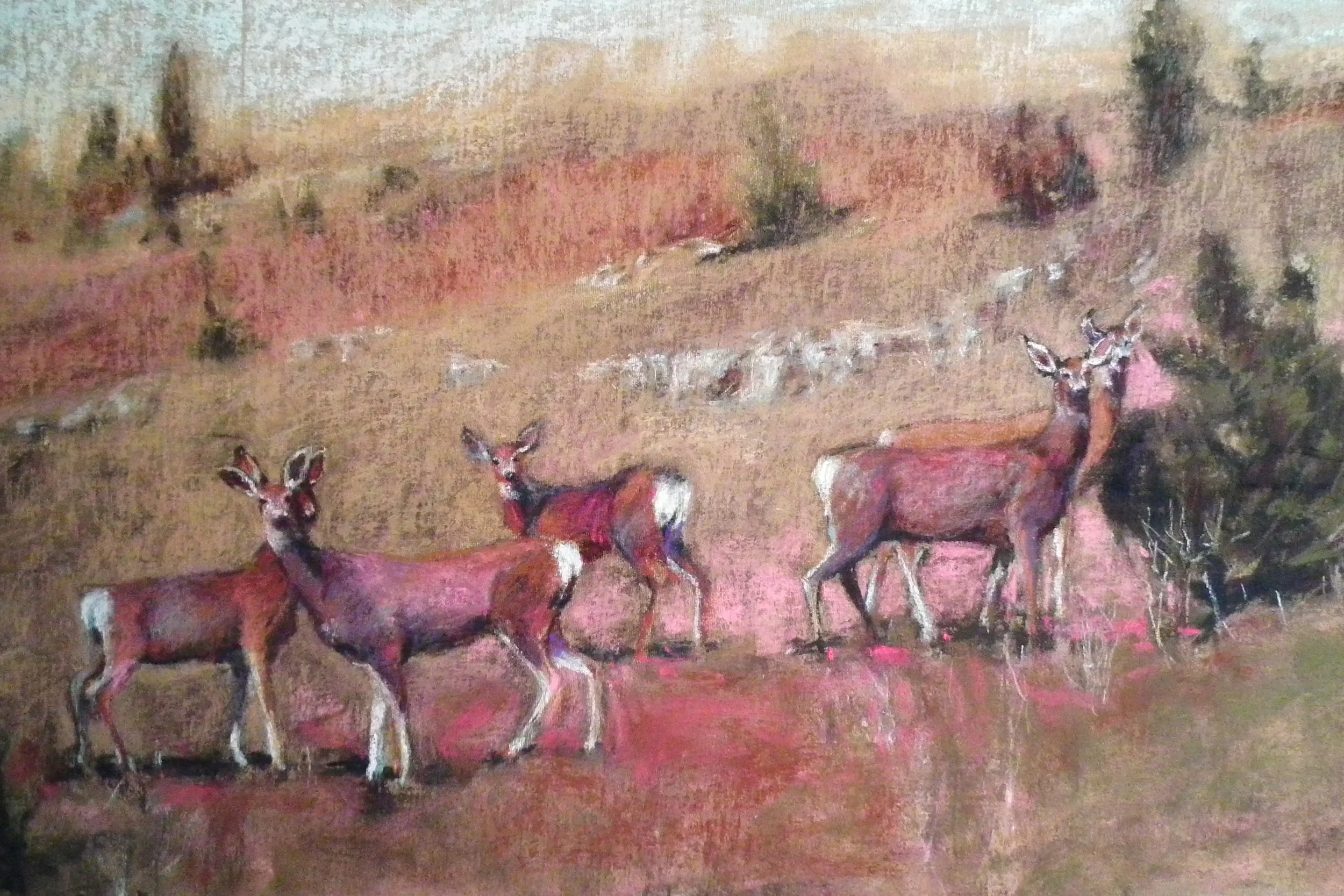 Painting of a herd of deer in a landscape with trees and bushes in the background.