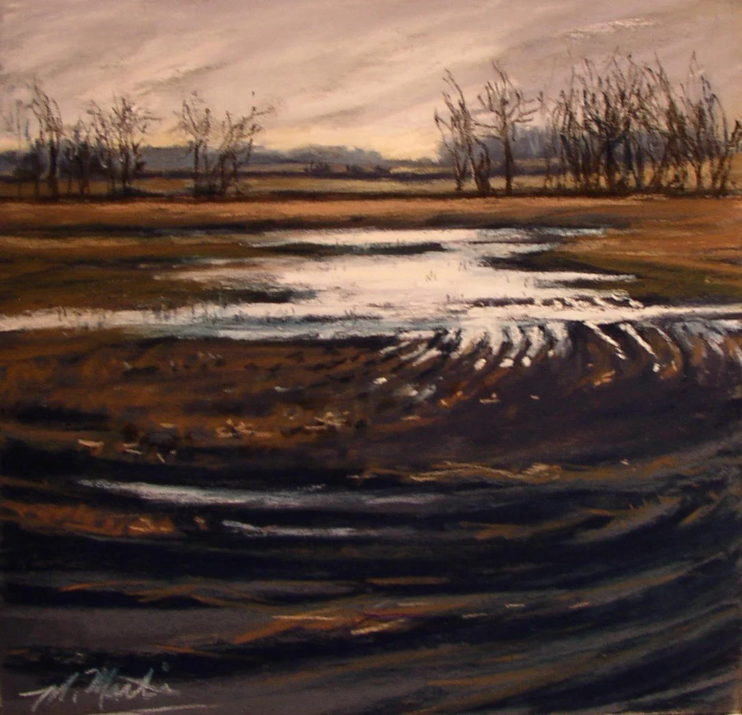 An abstract landscape painting of a river with trees in the distance during sunset. The scene features muted earth tones and textured brushstrokes.