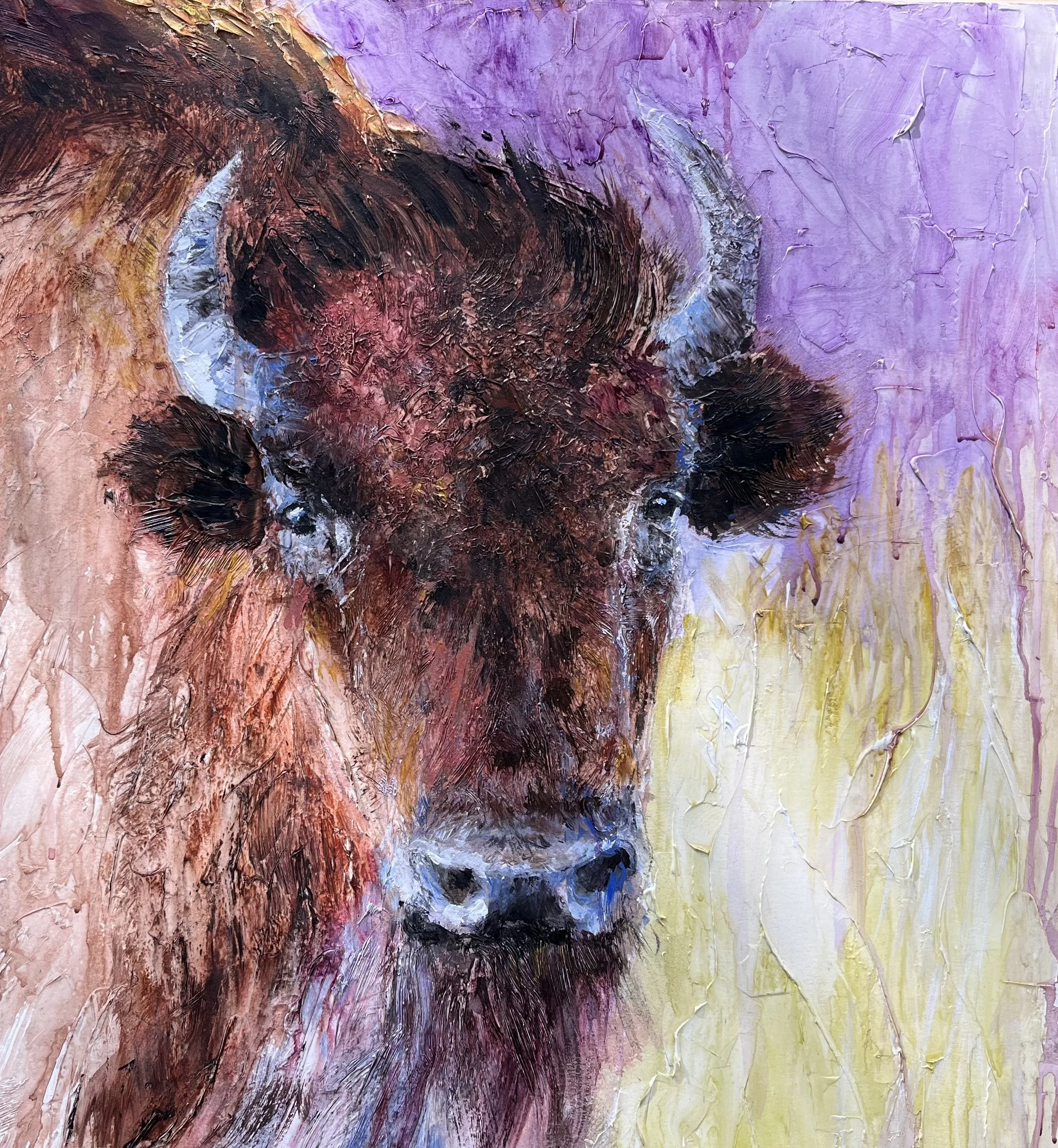 Abstract painting of a buffalo with textured brushstrokes, featuring brown, red, purple, and yellow colors.