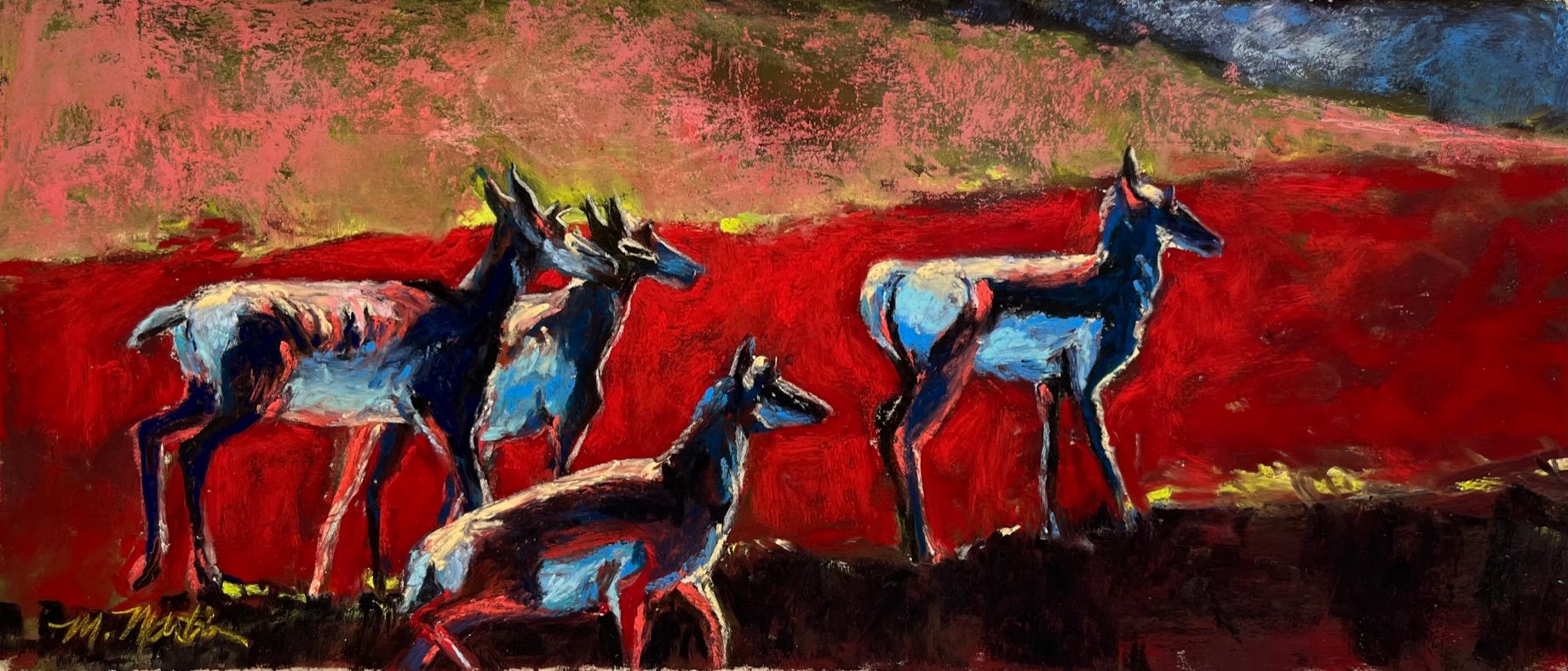 An abstract painting of four blue and black wolves on a vibrant red and black background, with hints of pink and green in the sky.