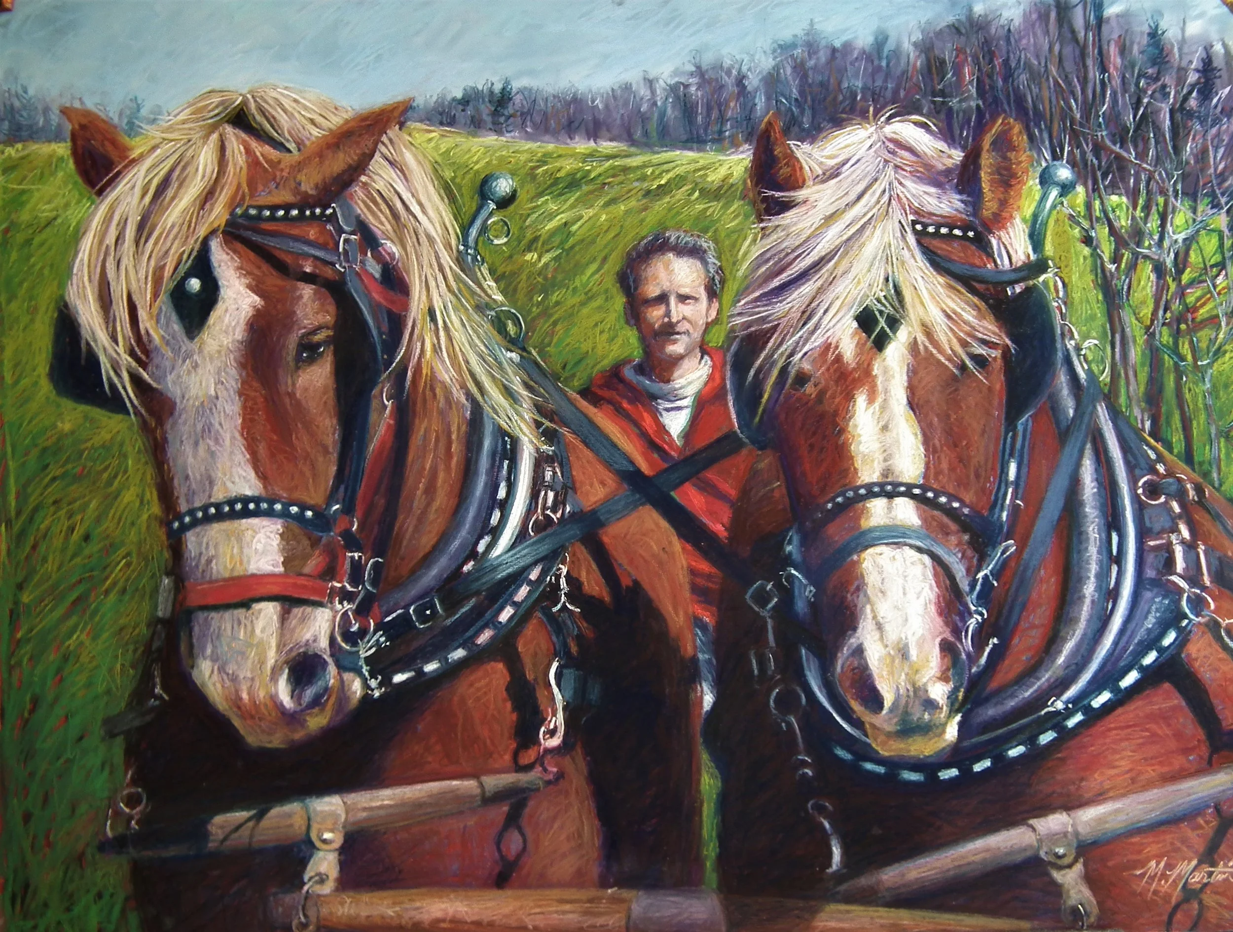 Painting of a man standing between two horses in a field, with a treeline in the background.