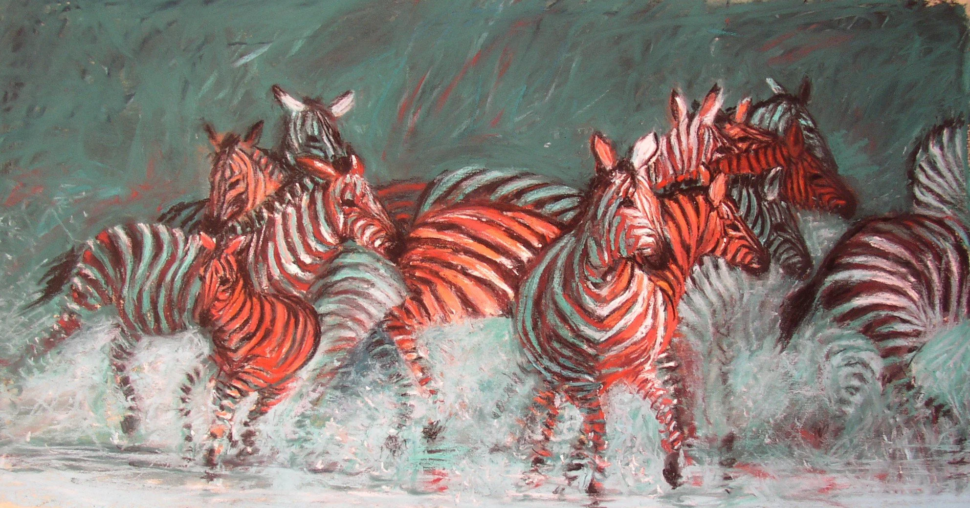 An oil painting of a group of zebras running through water, with splashes and a greenish background.