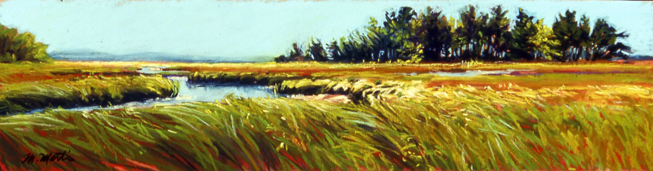 A landscape painting of a marsh with a small stream running through grassy fields, and trees in the distance under a light sky.