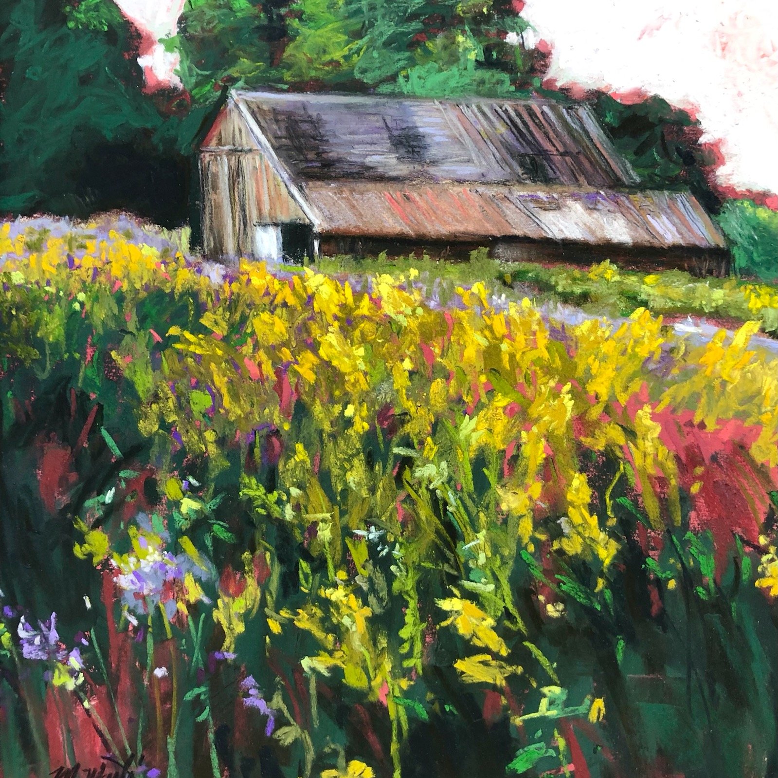 A colorful painting of a rustic barn surrounded by a field of yellow, purple, and green flowers with green trees in the background.