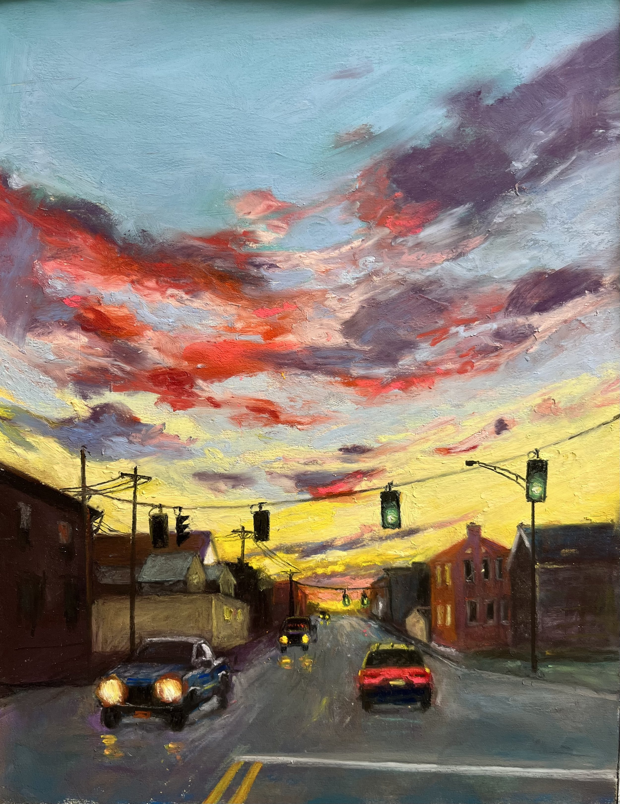 Oil painting of a street scene at sunset with cars and traffic lights, colorful sky with clouds.