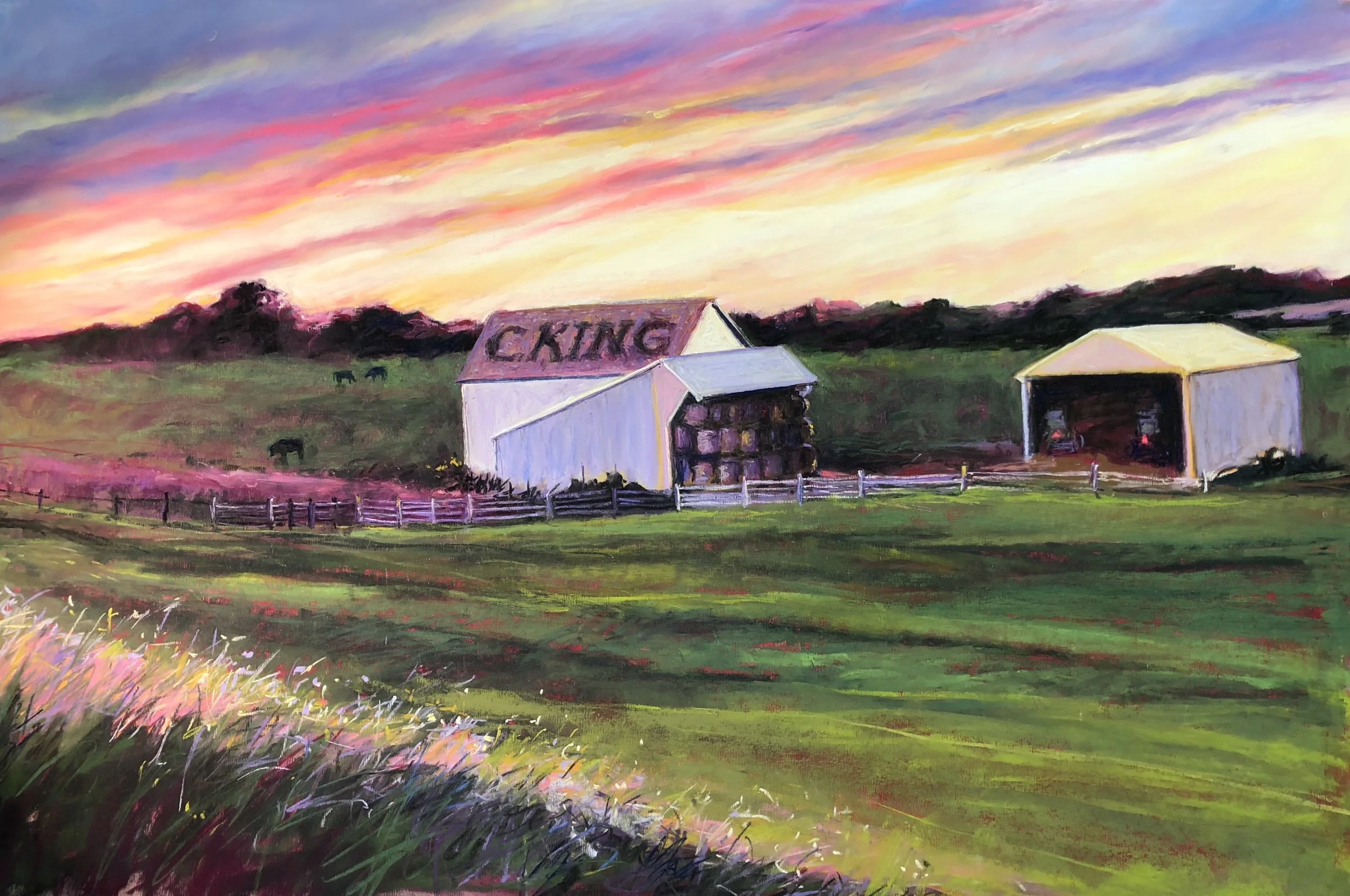 A colorful painting of a farm scene with a barn labeled 'KING', a large shed, and grazing horses at sunset.