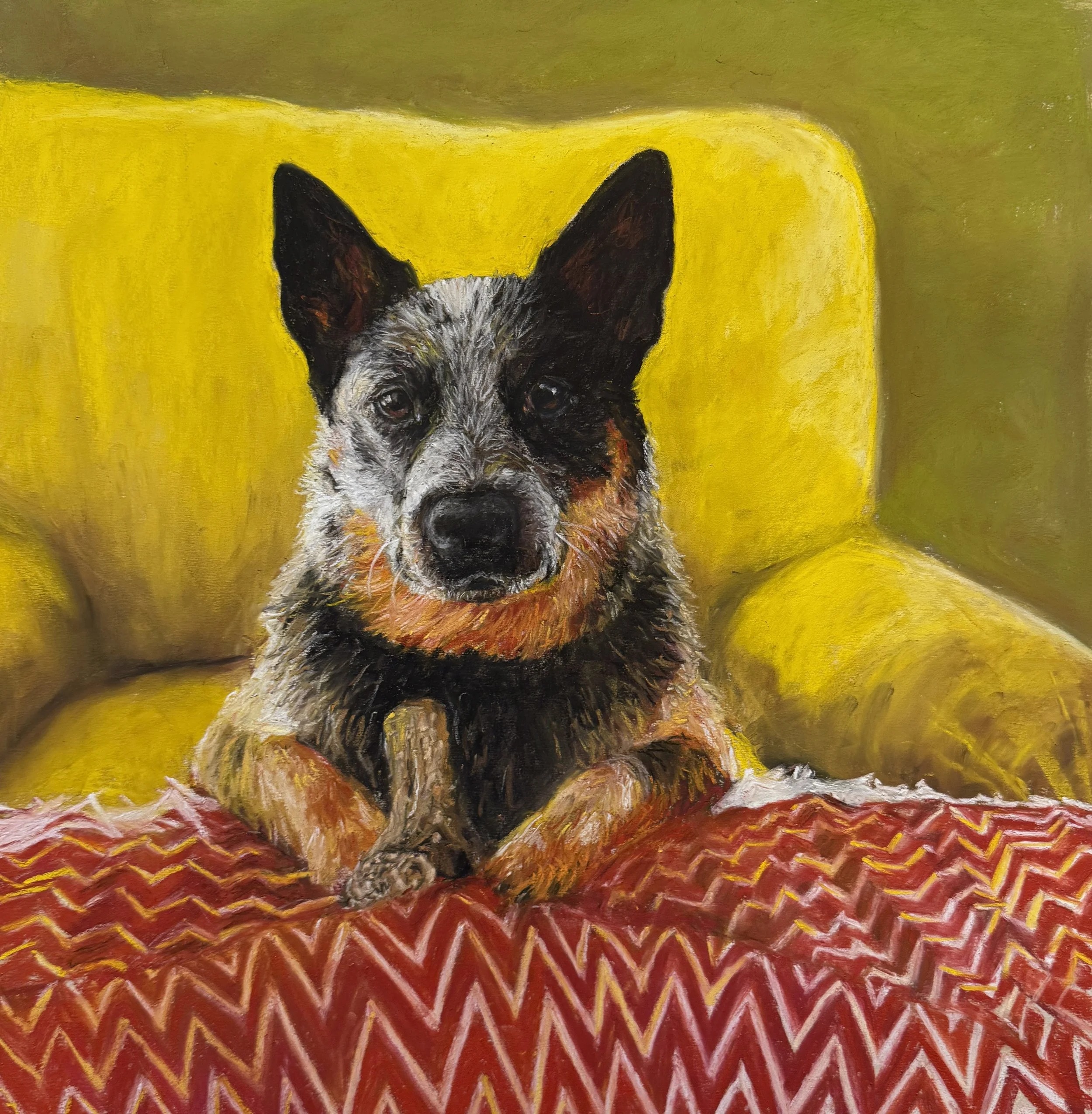 Painting of a small dog with a black and white face, sitting on a red patterned blanket in front of a yellow backdrop.