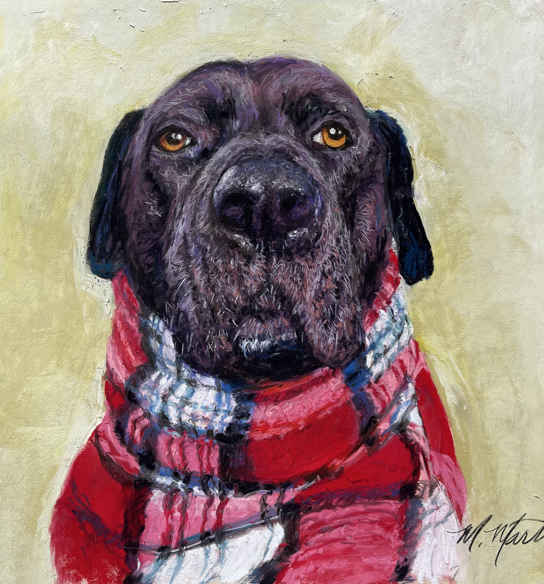 A painting of a black dog with a beard, wearing a red and plaid scarf.