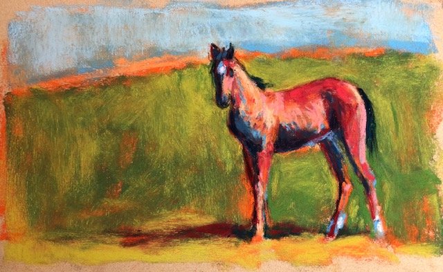 A colorful painting of a horse standing on a grassy field with a blue sky background.