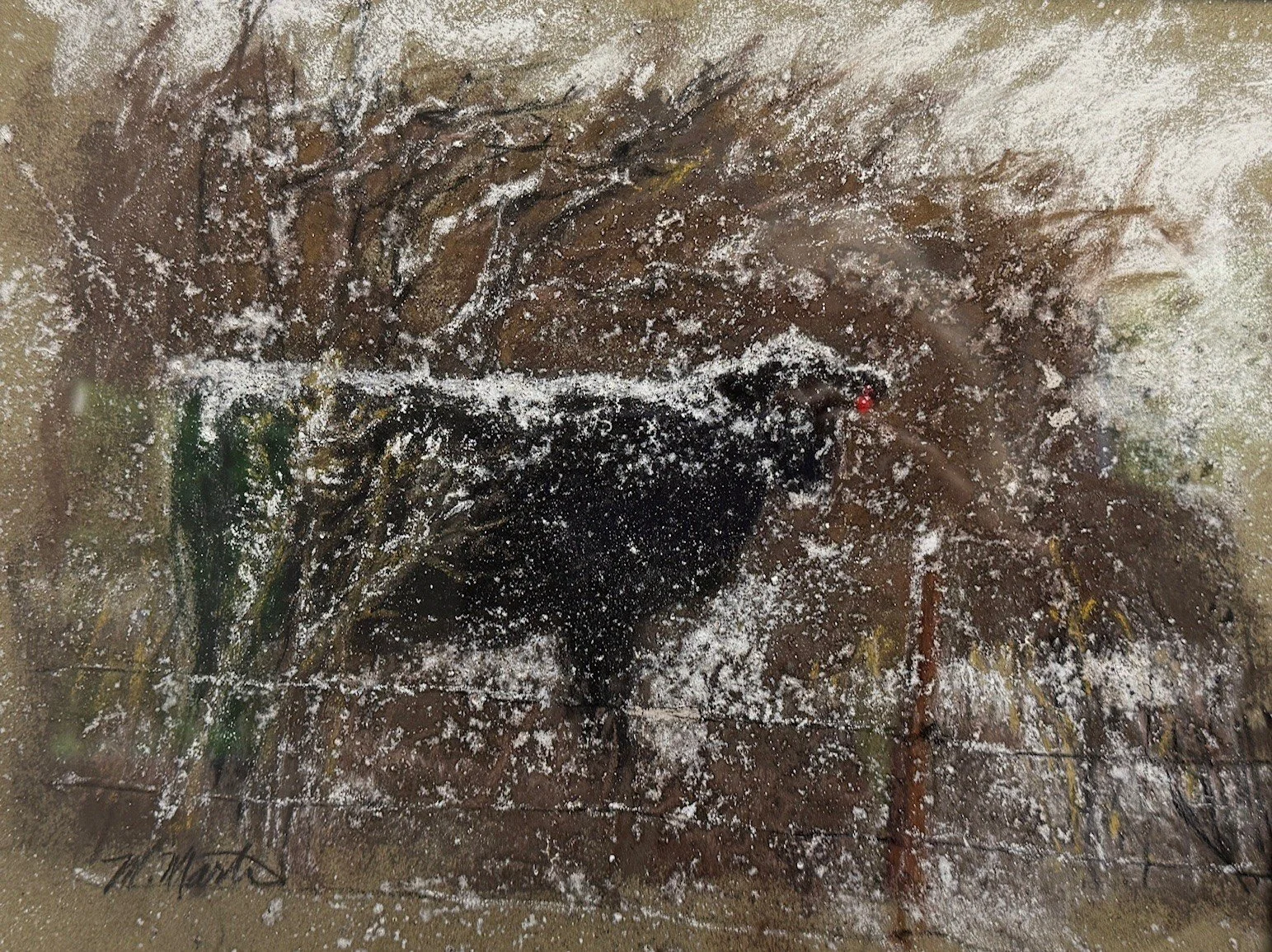 Painting of a blackbird perched on a branch with a snowy background. Signature at bottom left corner.
