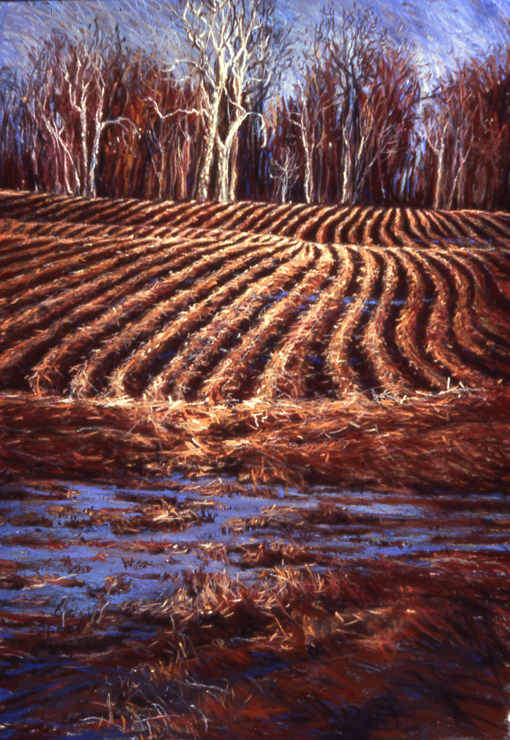 Painting of a plowed field with furrows, with leafless trees in the background under a cloudy sky.