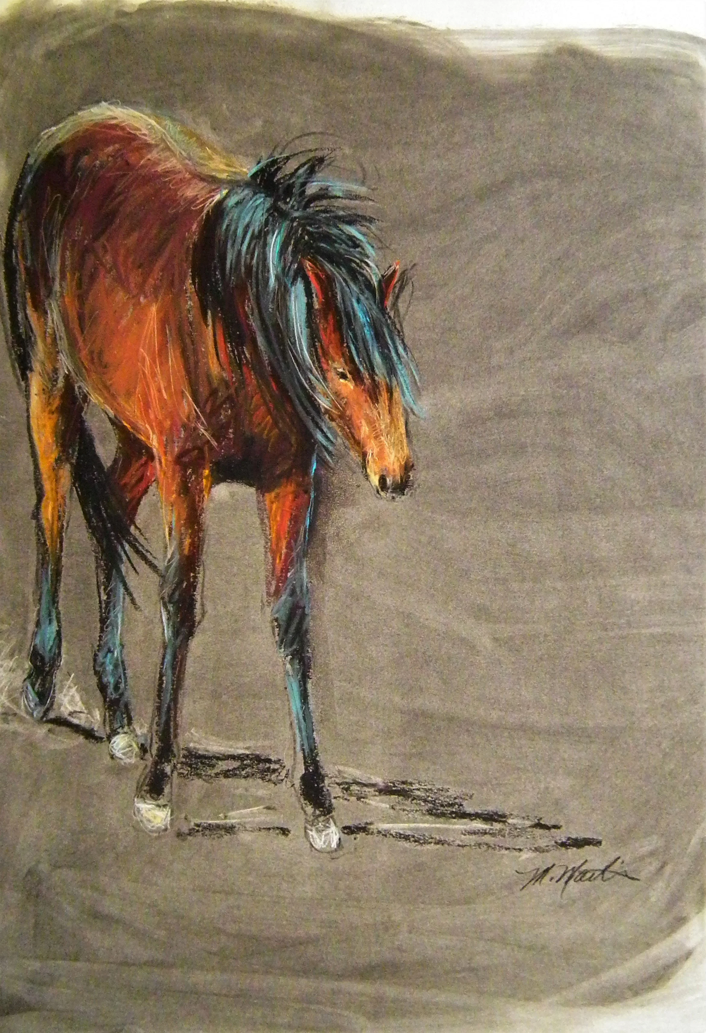 Colorful painting of a brown horse with a flowing black mane, standing on a gray background.