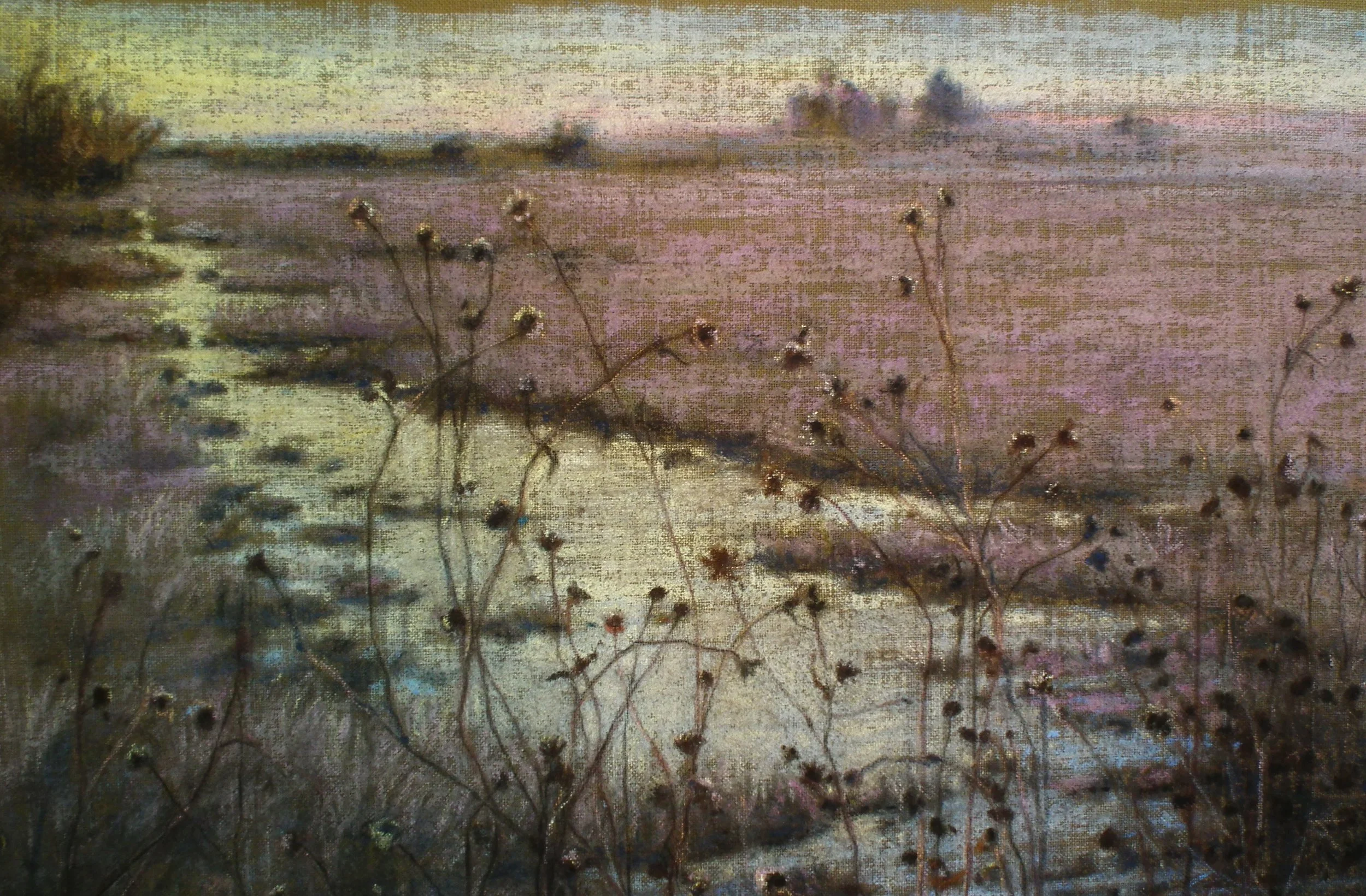 A painting of a river landscape featuring a winding river with plants and trees along the banks, and a pinkish sky in the background.