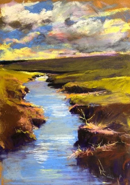 A landscape painting of a river flowing through grassy fields under a cloudy sky.