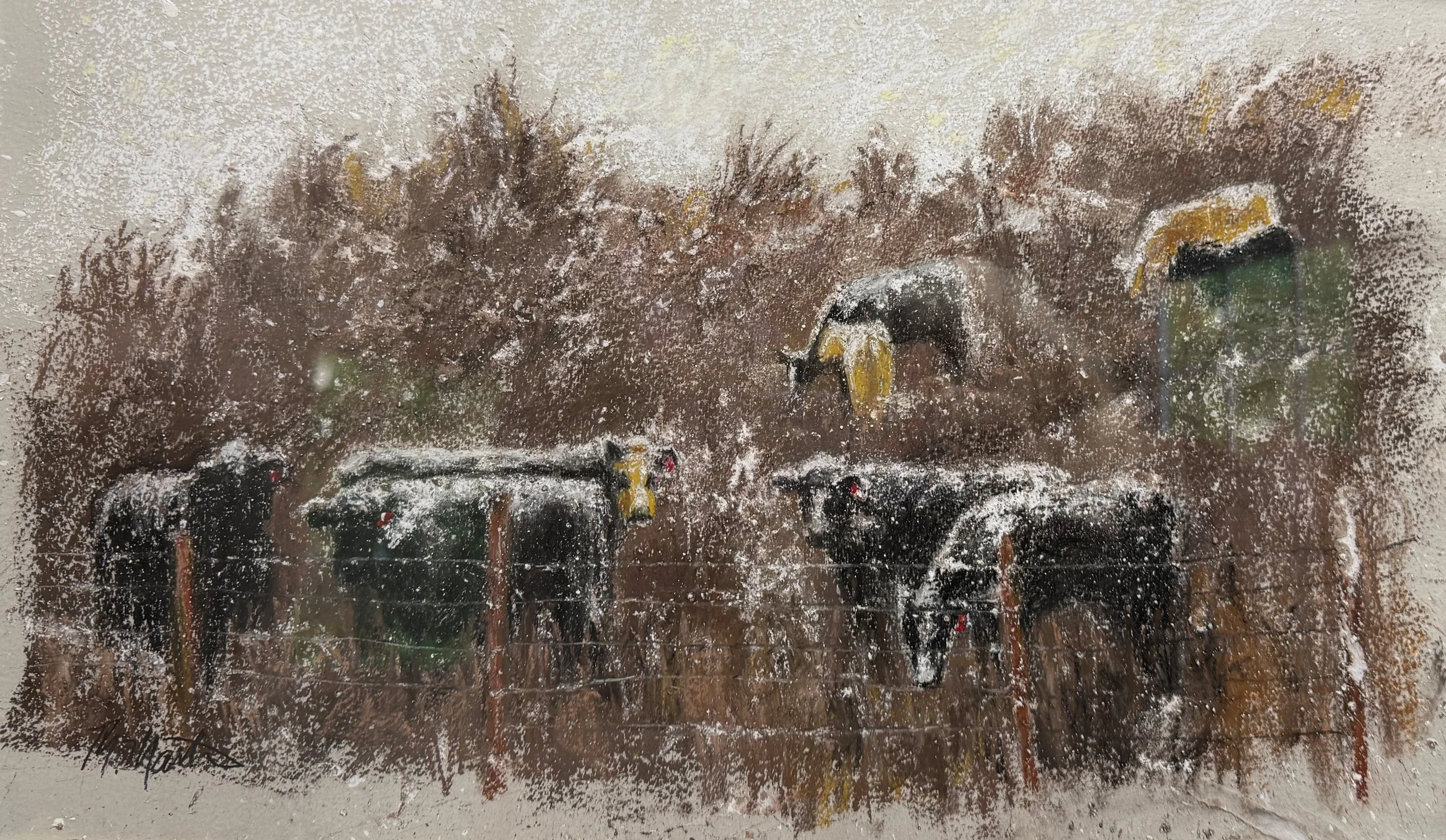 Frosted glass window depicting a scene with three cattle, trees, and a blue sky in the background.