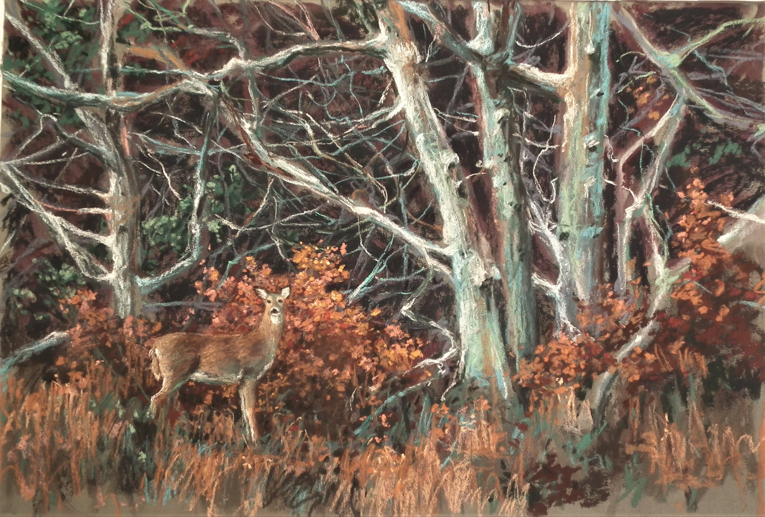A painting of a forest scene with a deer standing amidst trees and autumn foliage, with intricate branches and warm earthy tones.