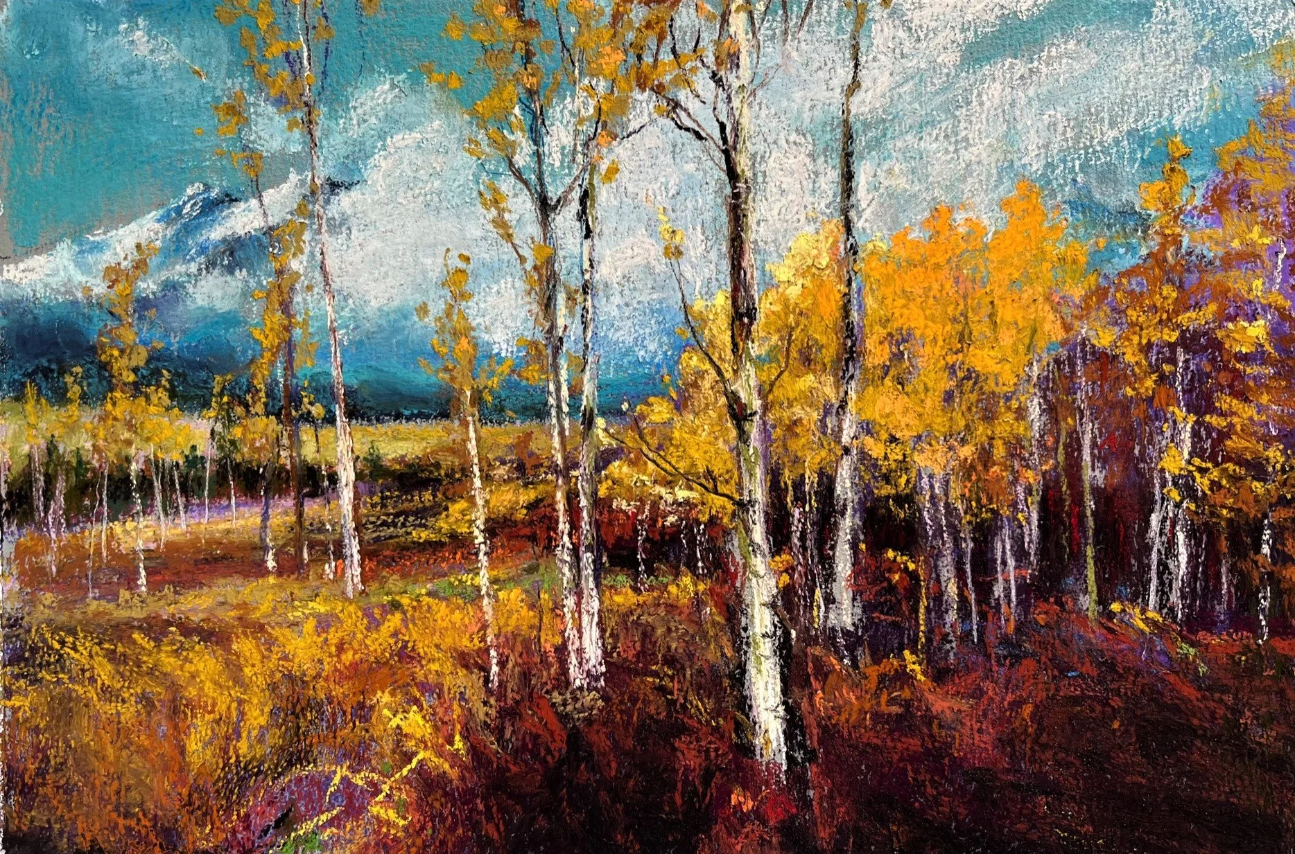 An oil painting of a forest scene in autumn with tall, white-barked trees, yellow and orange foliage, set against a blue sky with white clouds, and a dark ground.