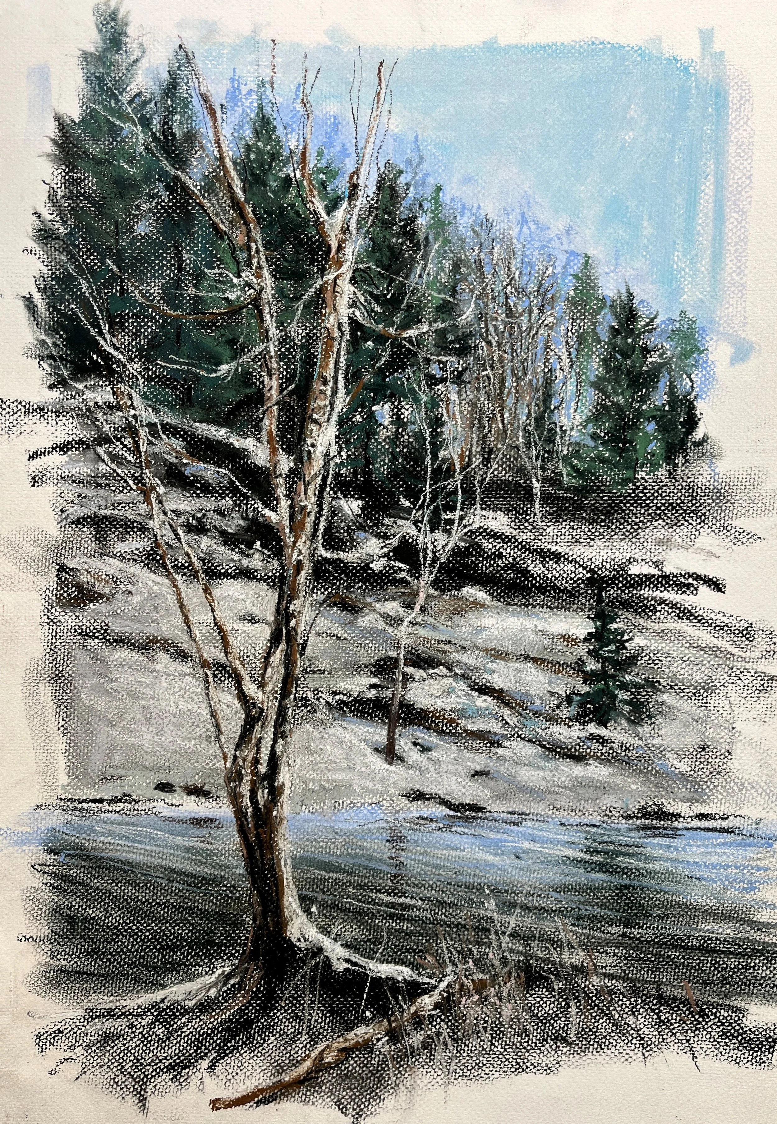 A painting of a winter scene with a leafless tree in the foreground, snow on the ground, and evergreen trees in the background under a blue sky.