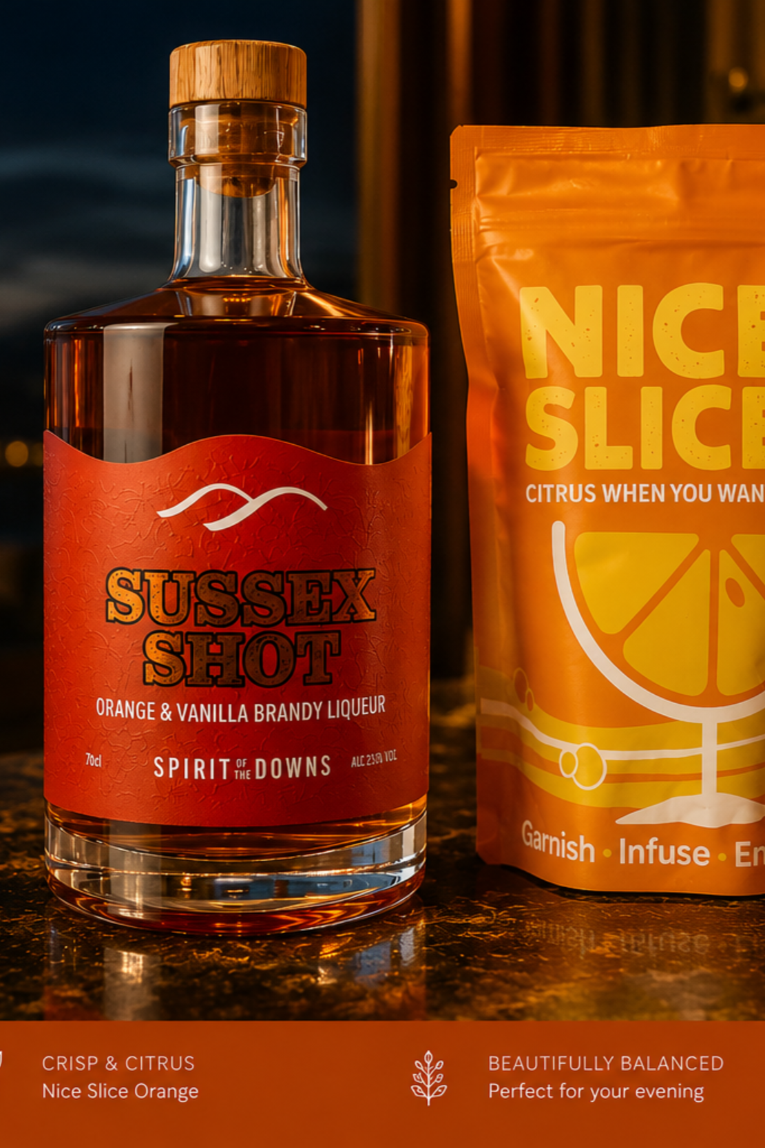 Sussex Shot & Dehydrated Orange Slices – 70cl / 35% ABV