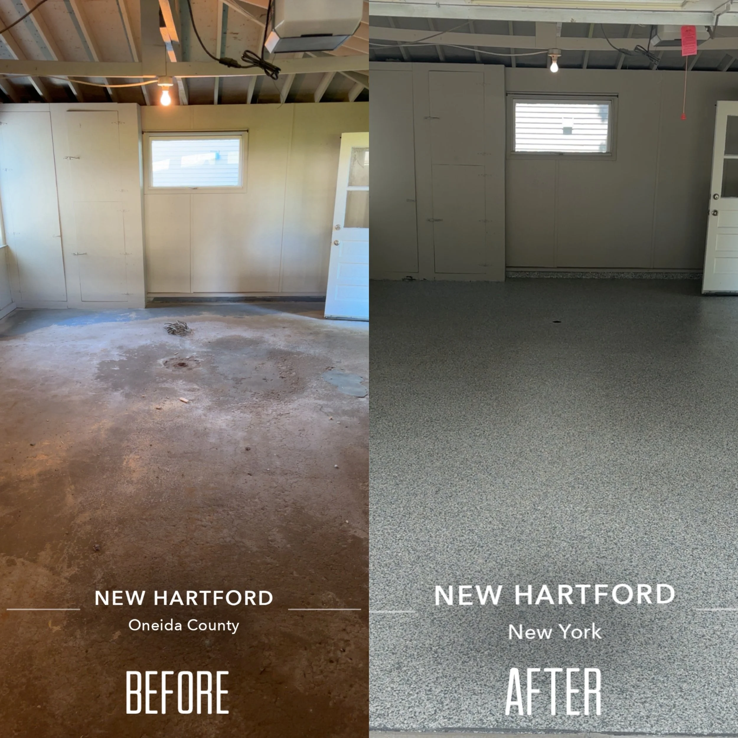 Before & after of a garage interior with a complete epoxy floor coating in New Hartford New York