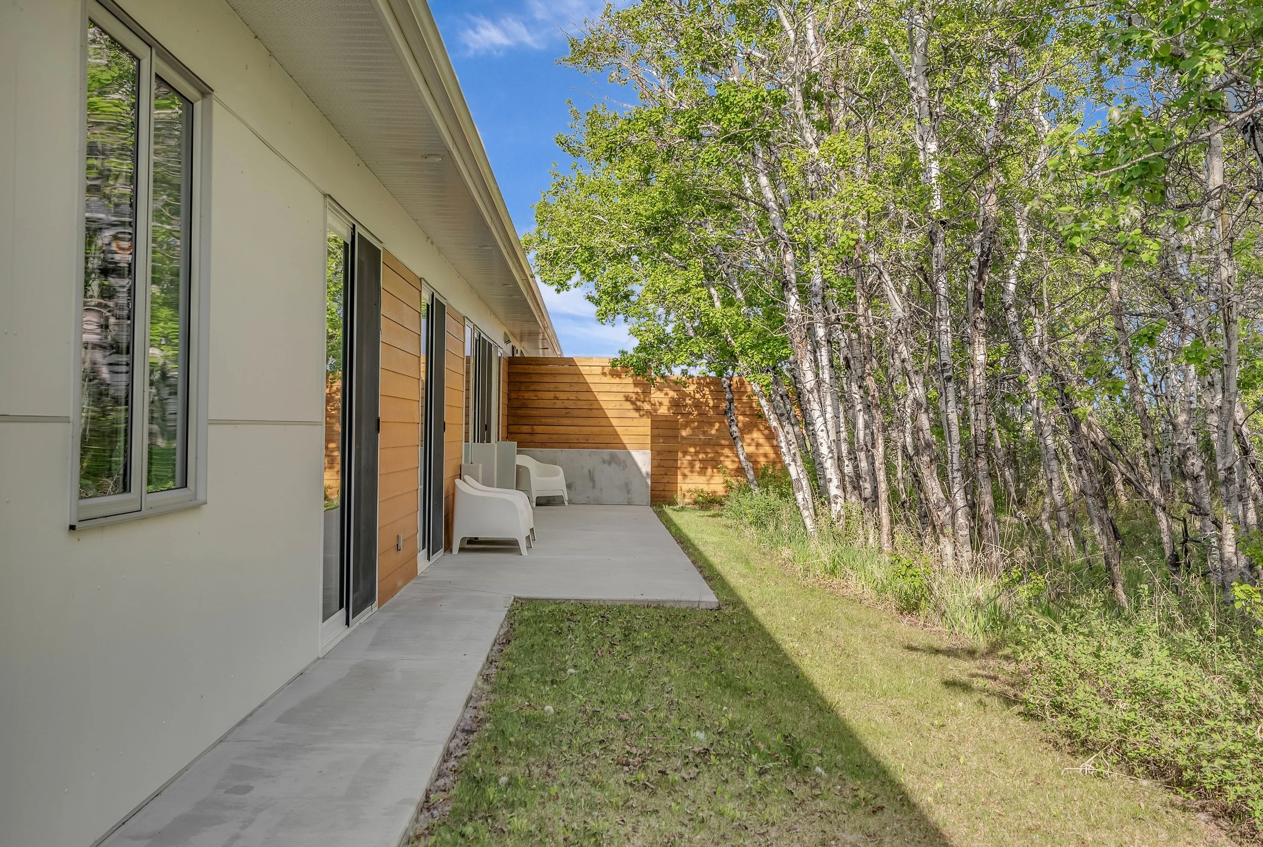 Modern custom home with fibre cement siding, outdoor concrete bar, and private forest views.
