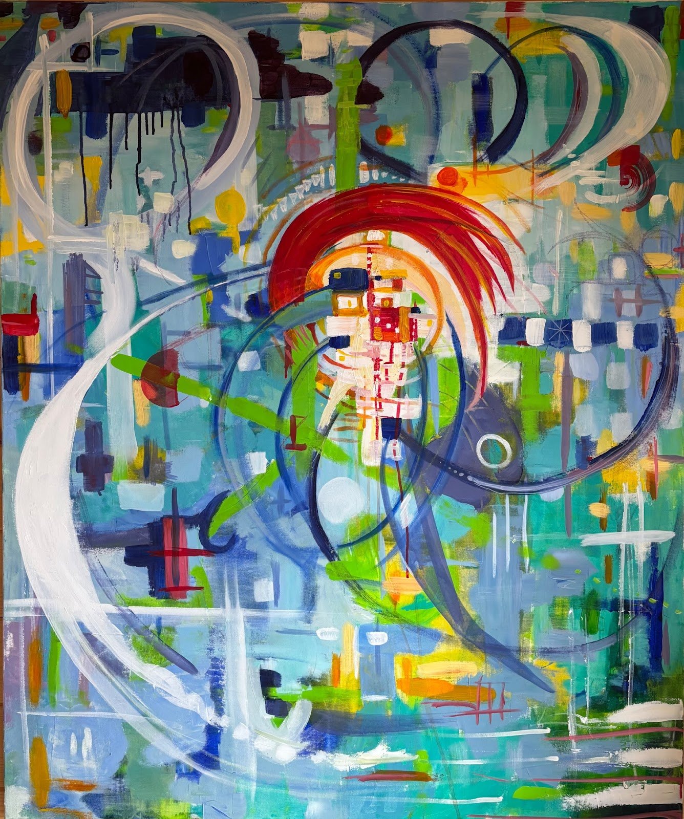 An abstract painting with vibrant colors including blue, green, red, yellow, black, and white. The artwork features various shapes, circles, and lines overlapping in a dynamic composition.