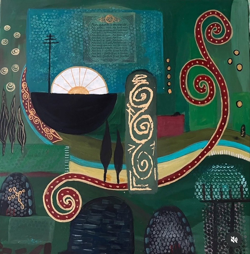 Colorful abstract painting featuring a black bowl with a golden sunburst behind it, surrounded by swirling red and gold patterns, spirals, and various stylized objects, including stones and plants, set in a vibrant green background.