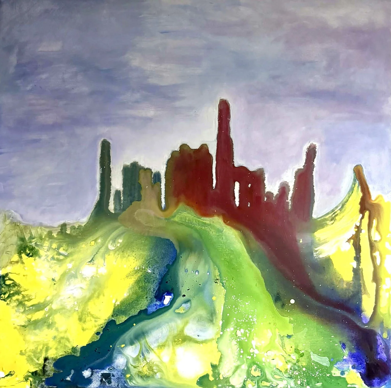 Abstract watercolor painting of a city skyline with green, blue, and purple hues, set against a cloudy sky.