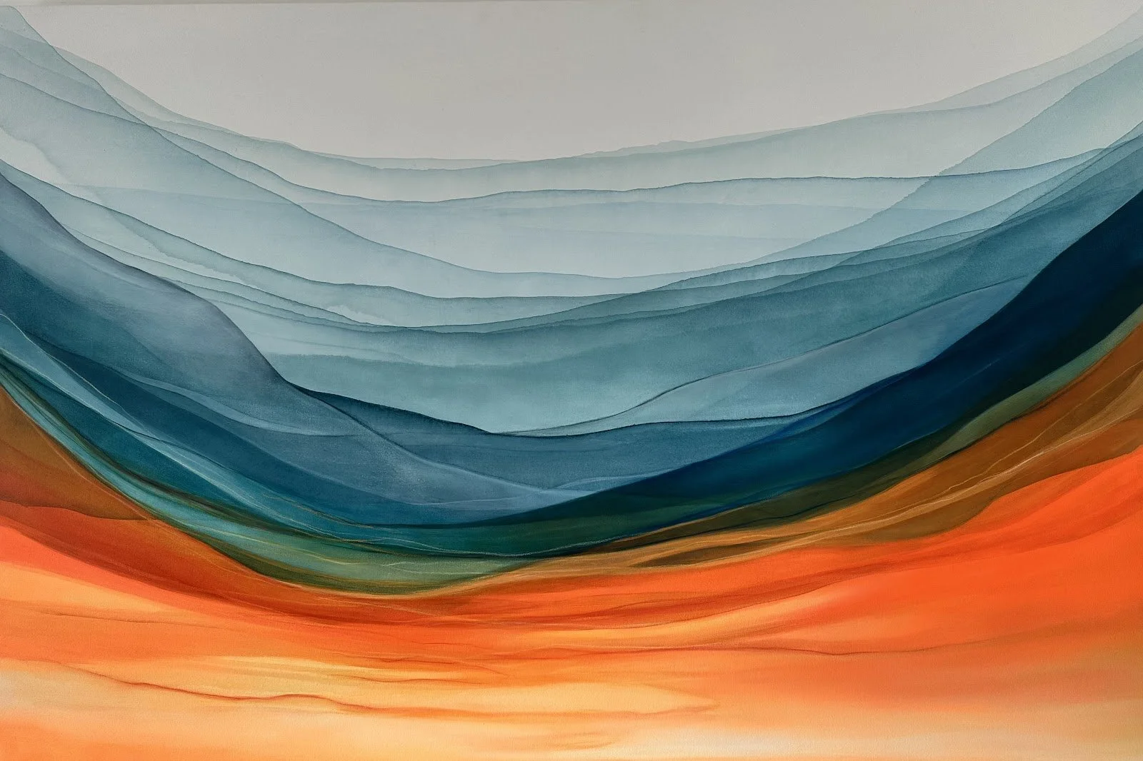 Abstract digital artwork with curved layers in shades of blue transitioning to green, orange, and red at the bottom.
