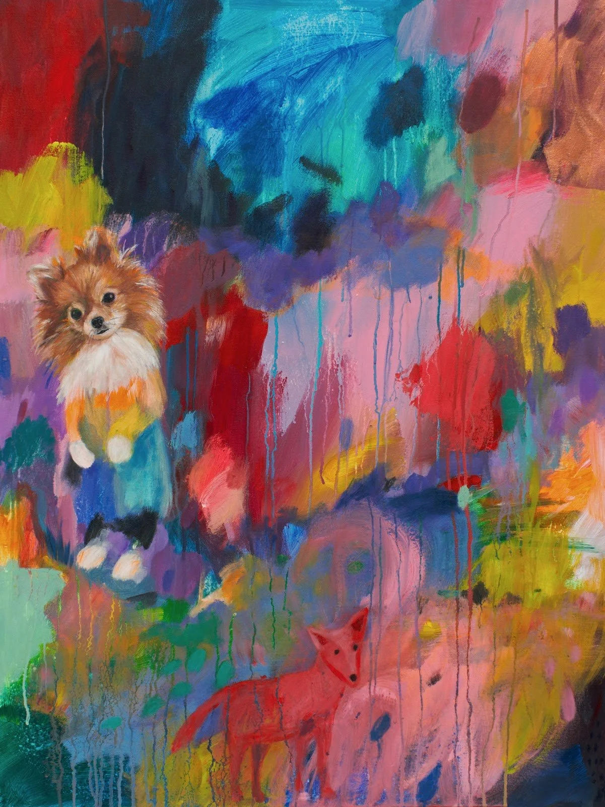A colorful abstract painting with drips and splashes of various colors, including blue, pink, red, yellow, and green. There is a realistic painting of a small fluffy dog, resembling a Pomeranian or similar breed, sitting in the lower left corner. A red fox drawing is visible towards the bottom center of the painting.