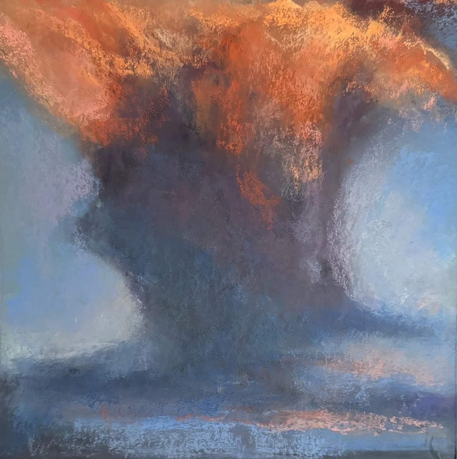 Abstract painting with blues, oranges, and dark shades blending in a textured, impressionistic style.