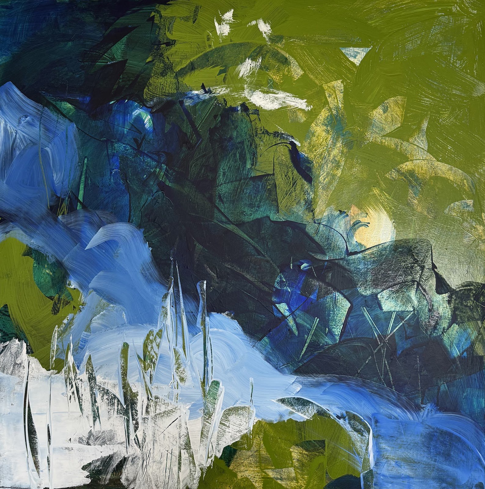 Abstract painting with prominent green, blue, white, and black brushstrokes creating a lively, textured composition.