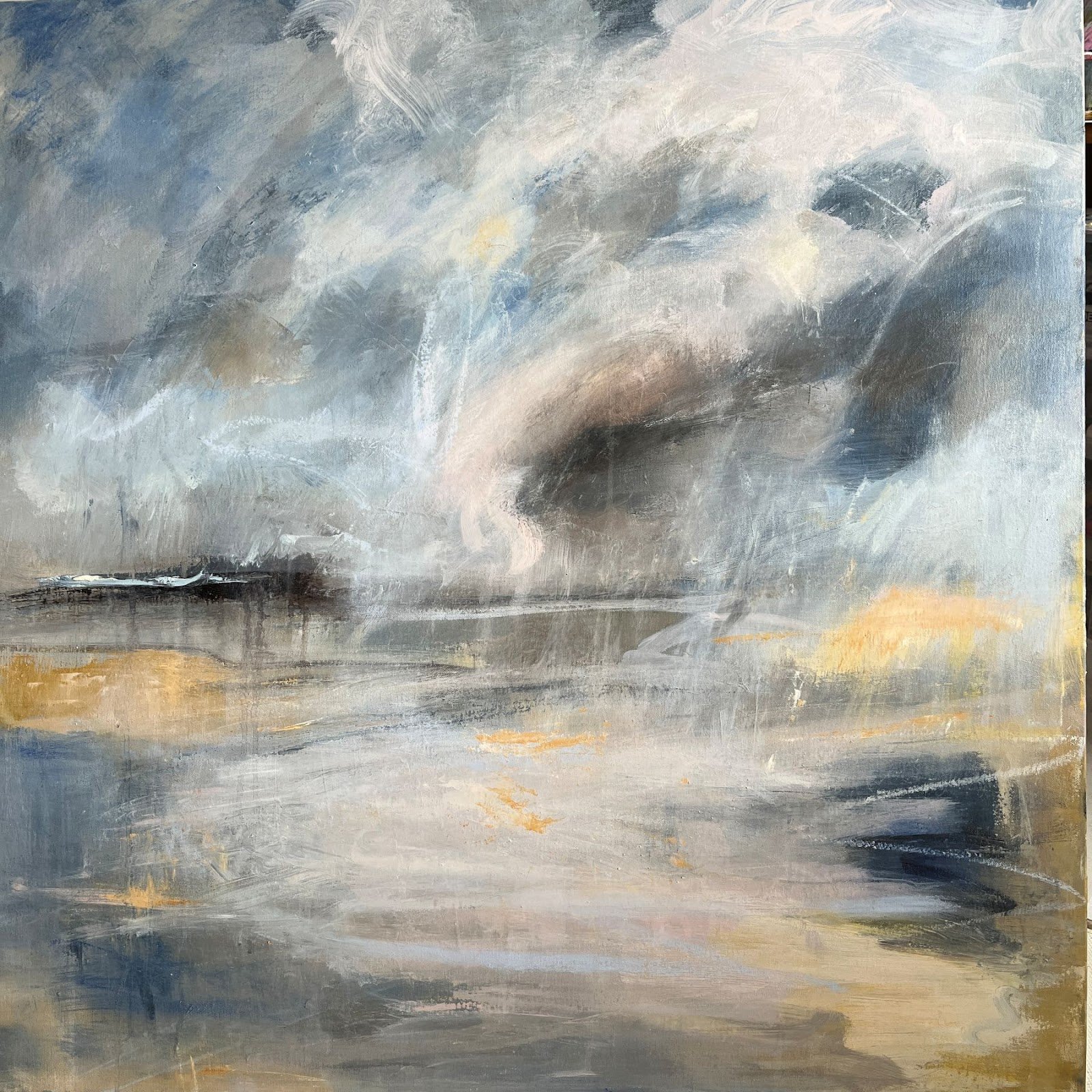 An abstract painting with swirling shades of gray, white, and touches of beige and black, resembling stormy sky or turbulent water.