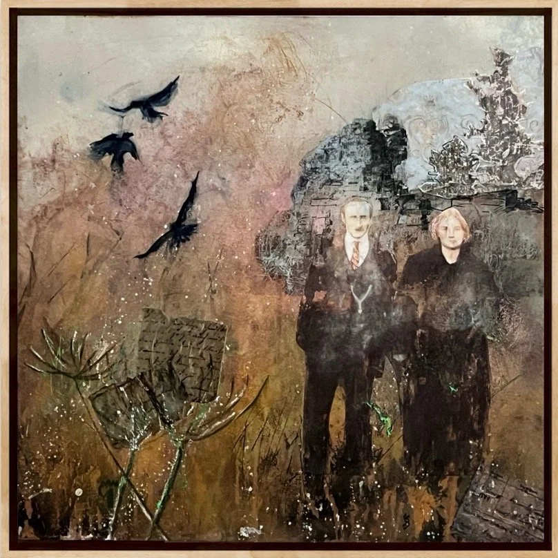 A mixed-media artwork featuring a man and woman standing outdoors with a background of trees and abstract textures. Three black birds fly in the sky on the left.