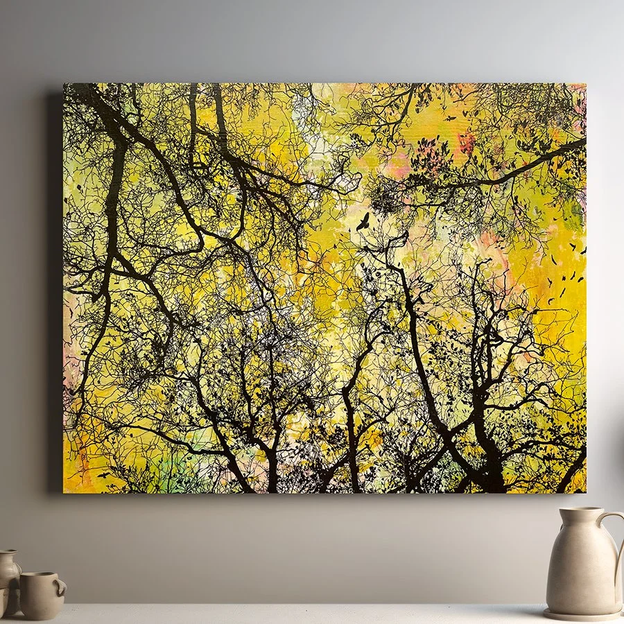 Abstract painting of tree branches in a forest with yellow, pink, and green watercolor background, with a bird flying among the branches.