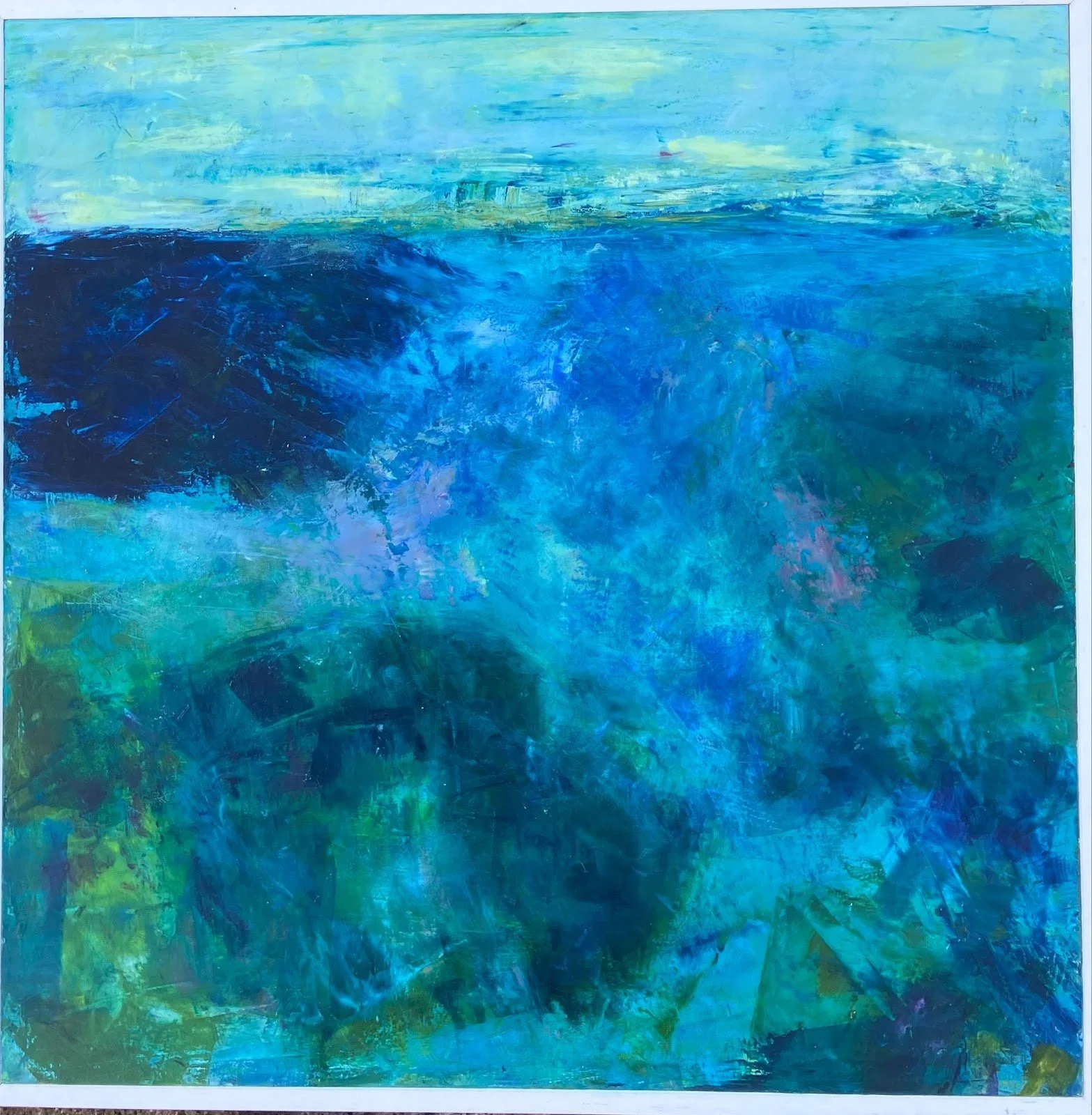 An abstract painting with shades of blue, green, and hints of purple, featuring layered brushstrokes creating a textured and dynamic appearance.