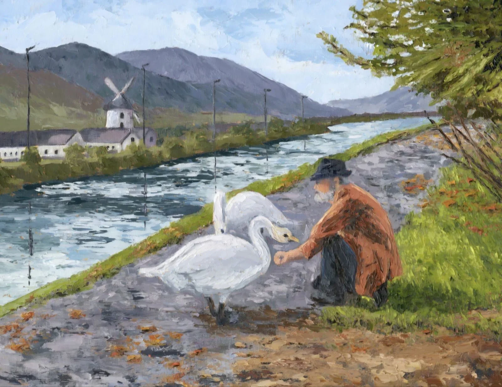 A painting of a riverside scene with two swans and a dog sitting on the grass, with mountains and a church with a windmill in the background.