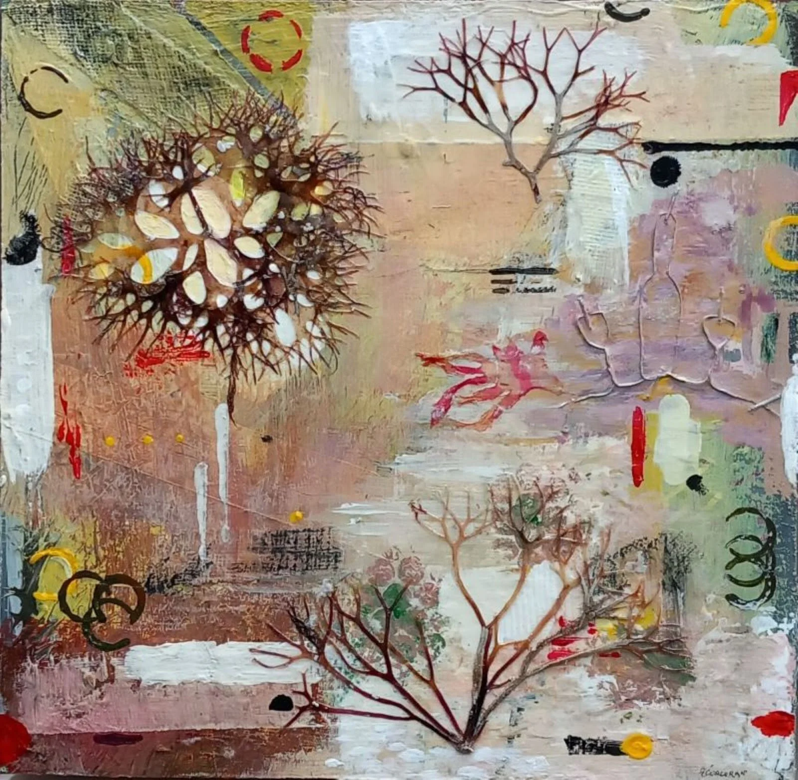 Abstract mixed media artwork featuring tree-like shapes, colorful splashes, and textured layers with vibrant reds, yellows, greens, and black accents.
