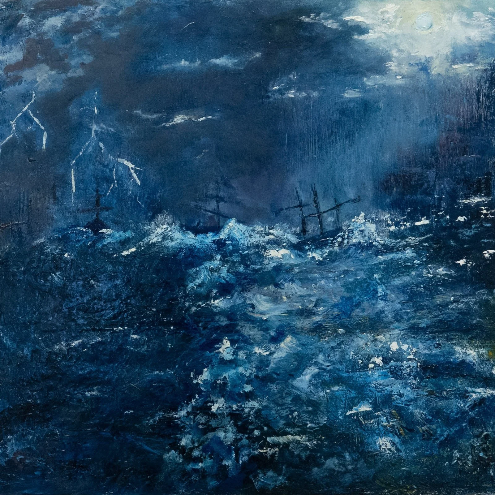 A stormy ocean scene with turbulent dark blue waters, white-capped waves, a stormy sky, and a full moon partly covered by clouds.