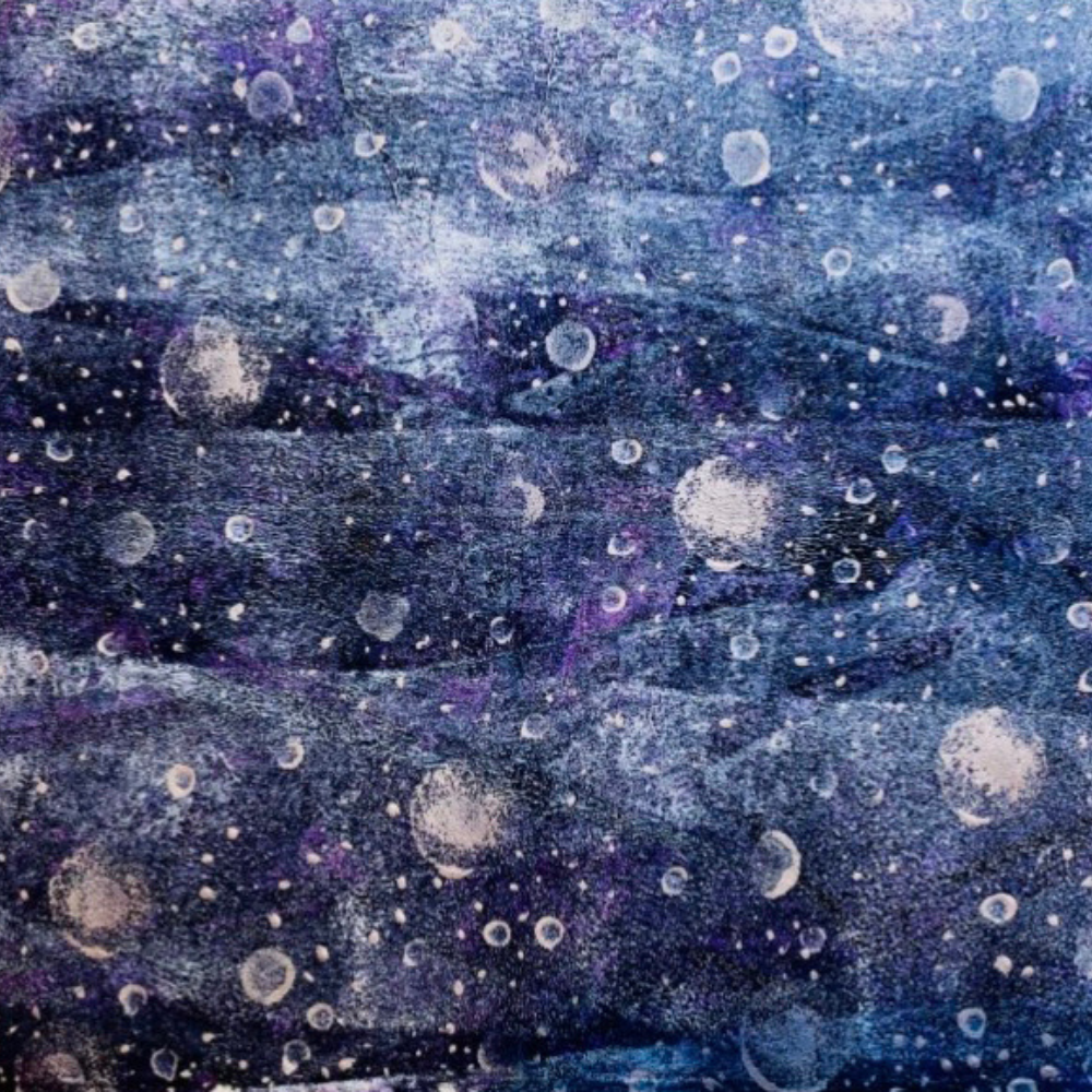 Abstract artistic painting of a starry night sky with various sized white and purple dots and circular shapes resembling stars and planets on a textured deep blue background.