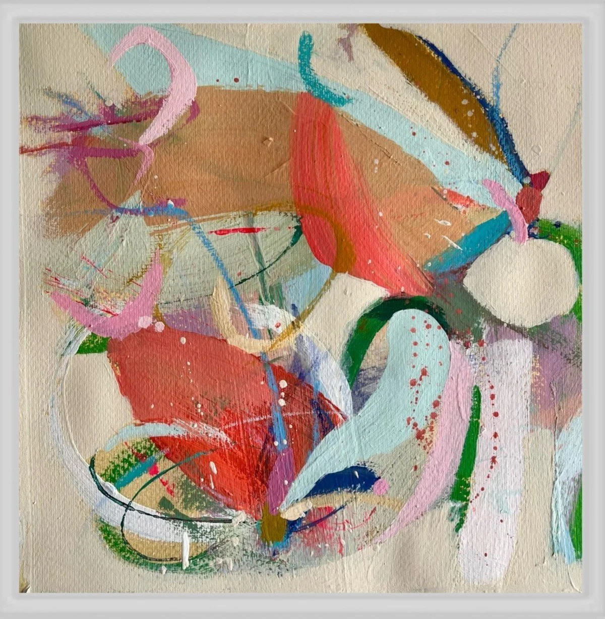 An abstract painting with a mix of colors including beige, pink, black, blue, white, and red. The painting features dynamic brushstrokes, splatters, and curved lines, with some areas of textured paint. The artist's signature, 'nessa,' appears in the bottom right corner.
