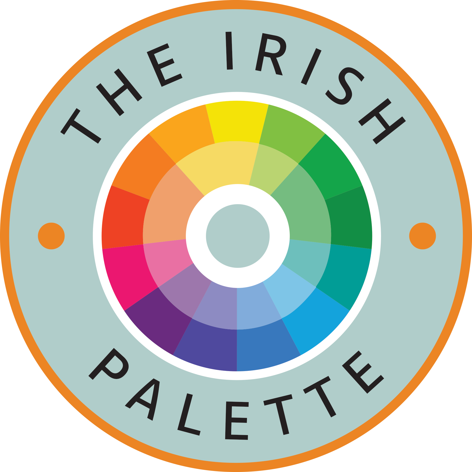 Color wheel with various shades arranged in concentric circles, encircled by the words "THE IRISH TREAT" and "PARALLET" in black text on a light blue background, bordered by an orange rim.
